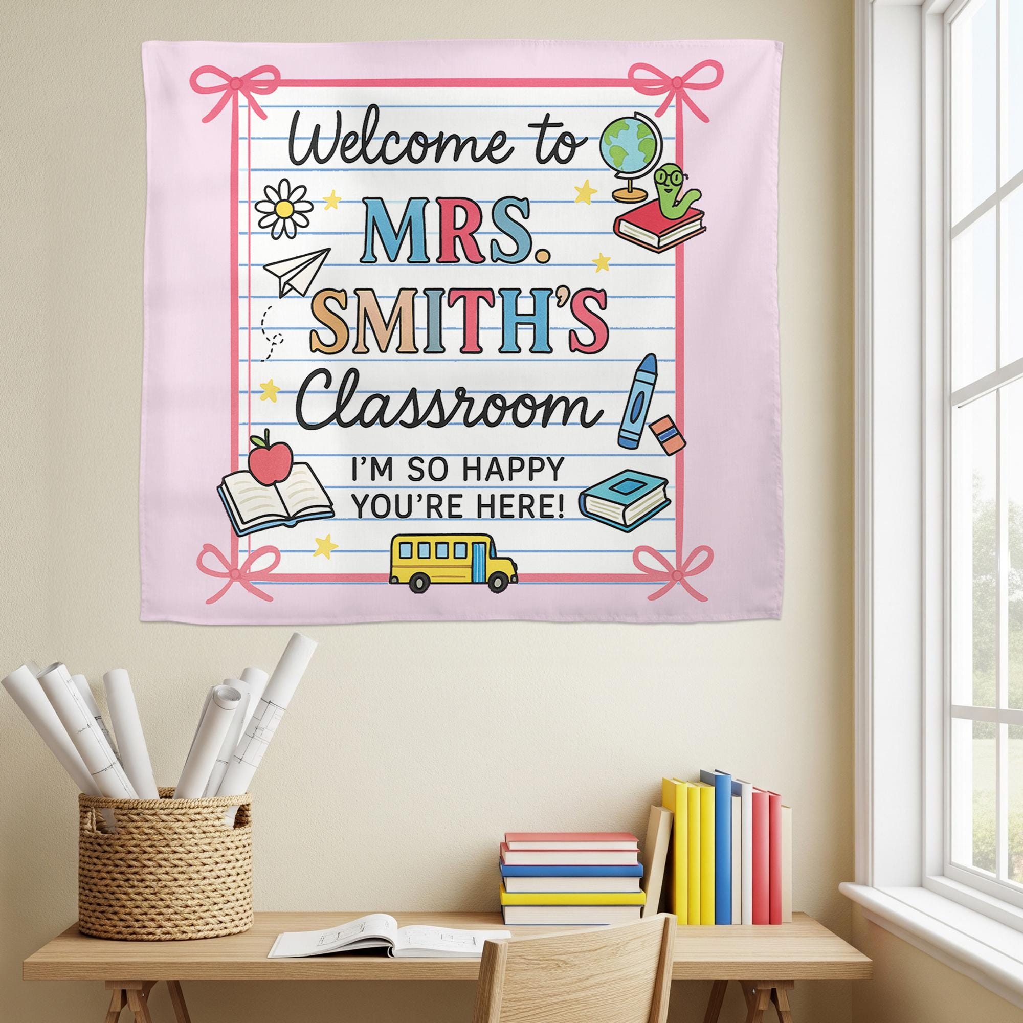 Welcome to Classroom Tapestry, Personalized Teacher Name Wall Hanging, Back to School Classroom Decor, Custom Teacher Gift