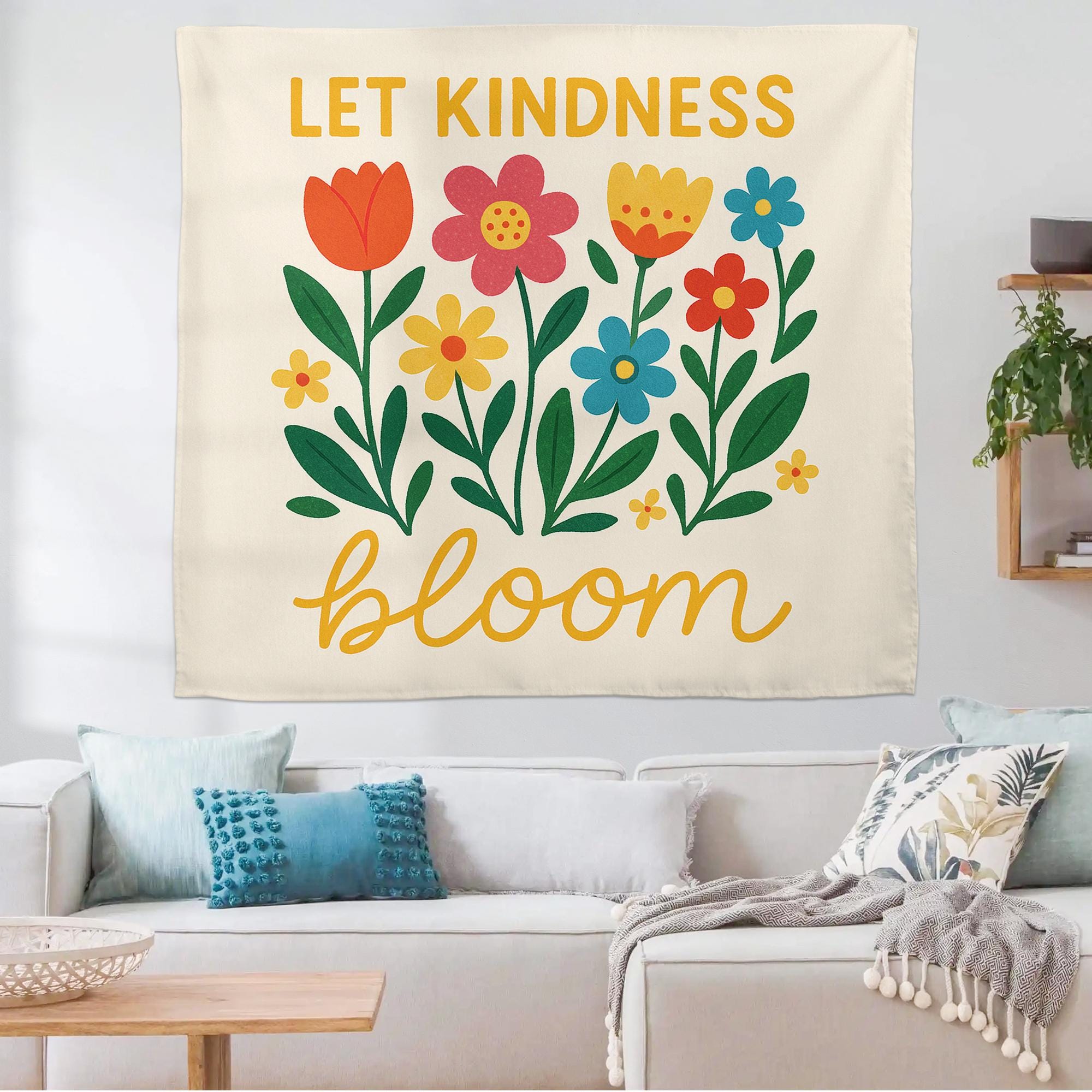 Let Kindness Bloom Tapestry, Motivational Floral Wall Hanging, Positive Quote Classroom Decor, Teacher School Room Wall Art