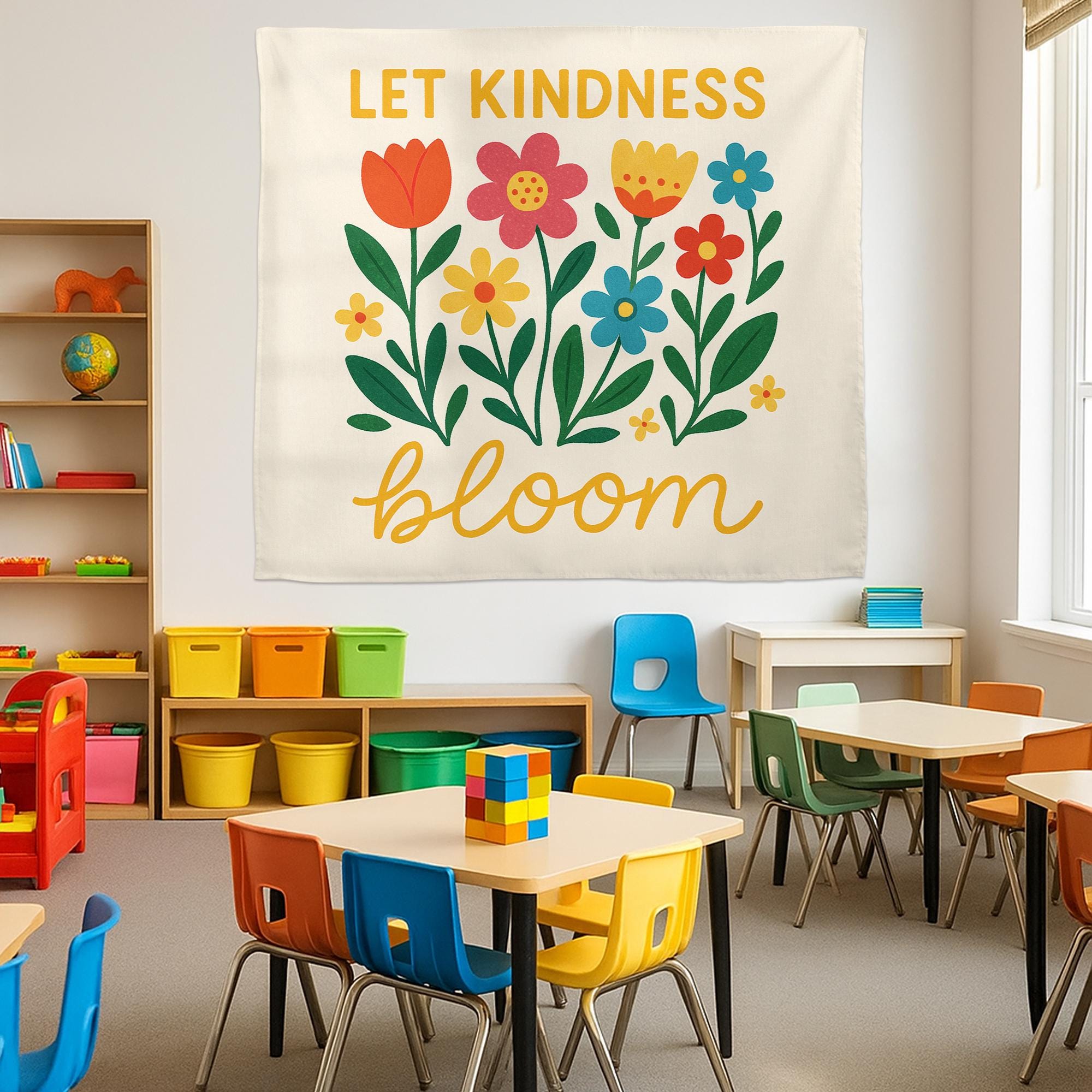 Let Kindness Bloom Tapestry, Motivational Floral Wall Hanging, Positive Quote Classroom Decor, Teacher School Room Wall Art