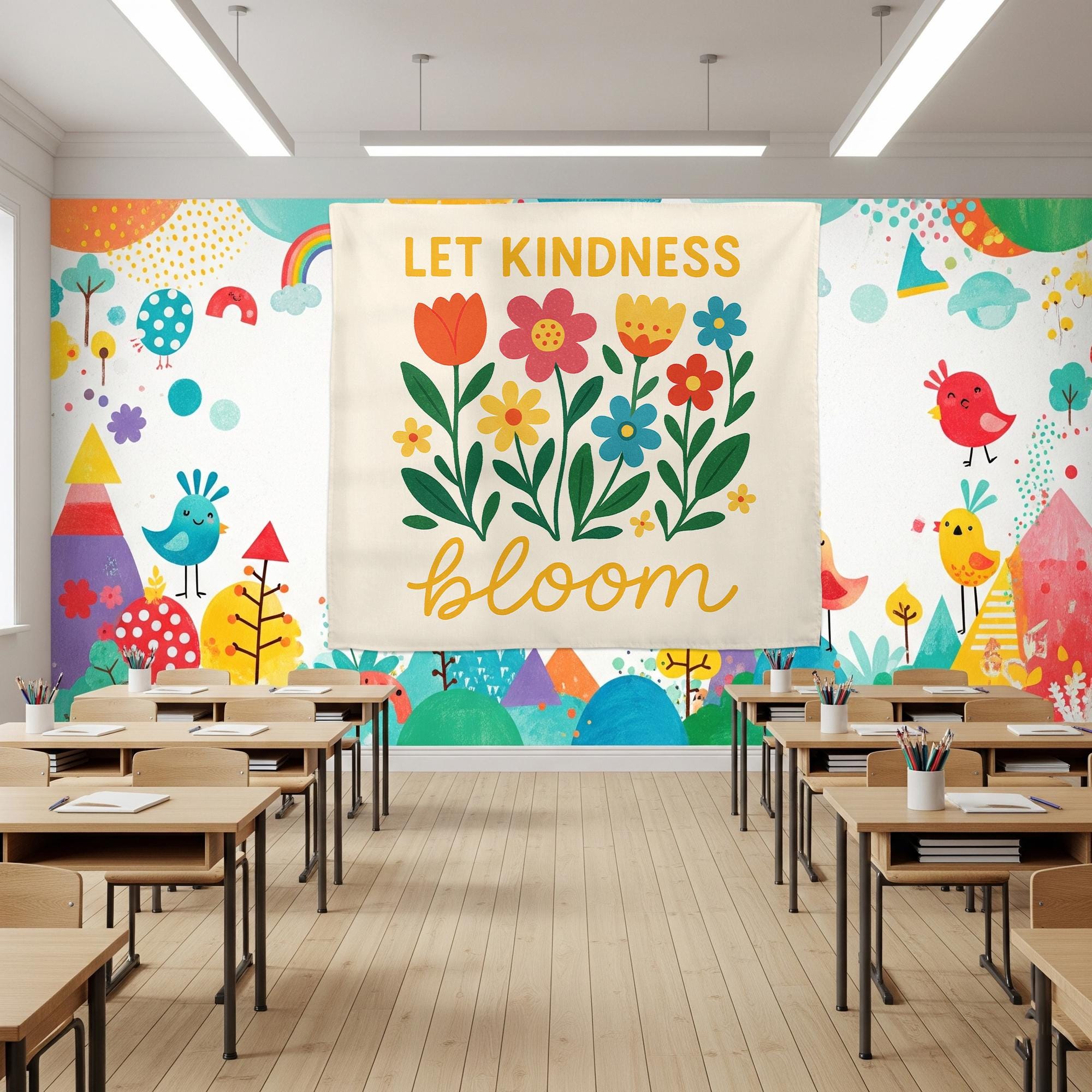 Let Kindness Bloom Tapestry, Motivational Floral Wall Hanging, Positive Quote Classroom Decor, Teacher School Room Wall Art