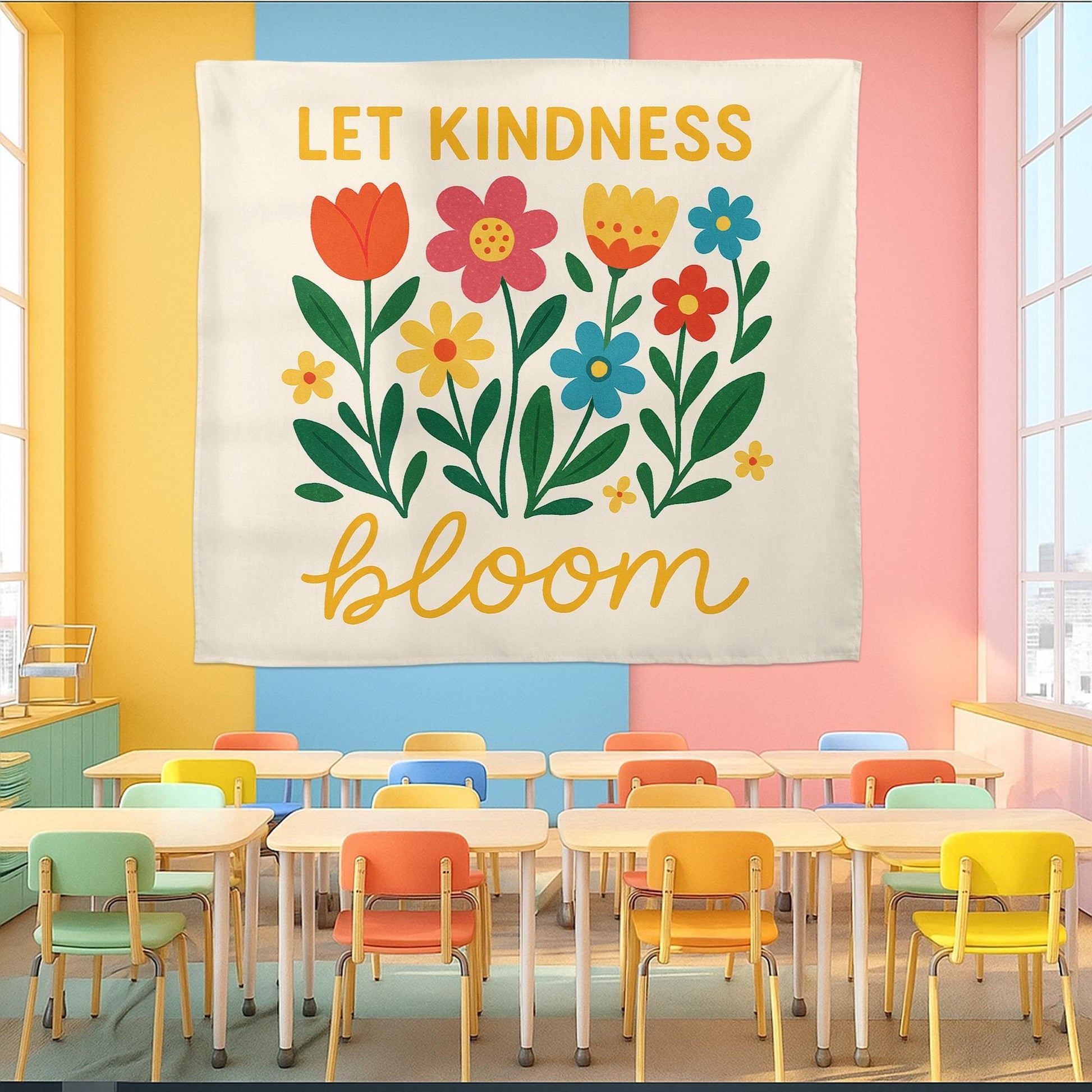 Let Kindness Bloom Tapestry, Motivational Floral Wall Hanging, Positive Quote Classroom Decor, Teacher School Room Wall Art
