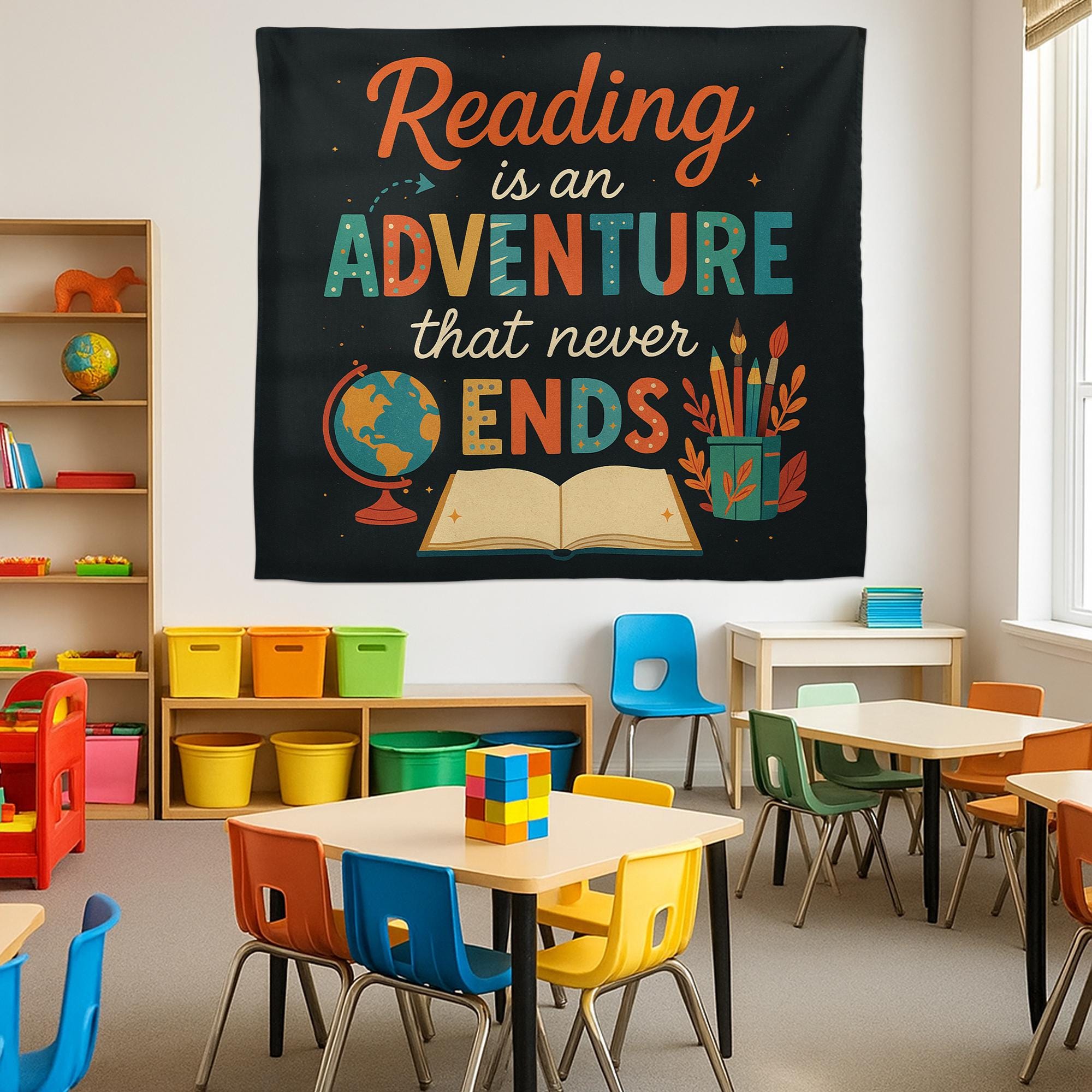 Reading Adventure Tapestry, Motivational Classroom Wall Hanging, Book Lover Quote Teacher Decor, Library School Room Wall Art
