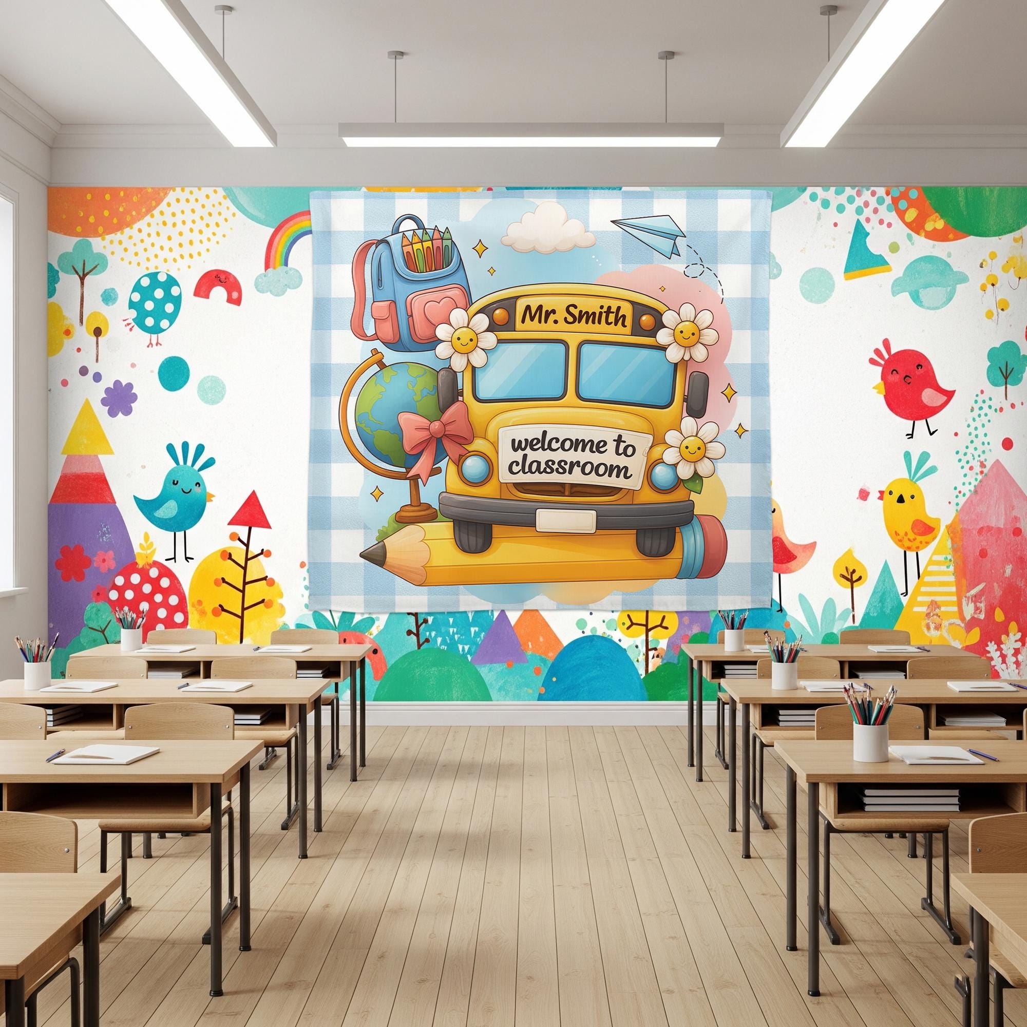 School Bus Classroom Tapestry, Personalized Teacher Wall Hanging, Back to School Classroom Decor, Custom Teacher Gift