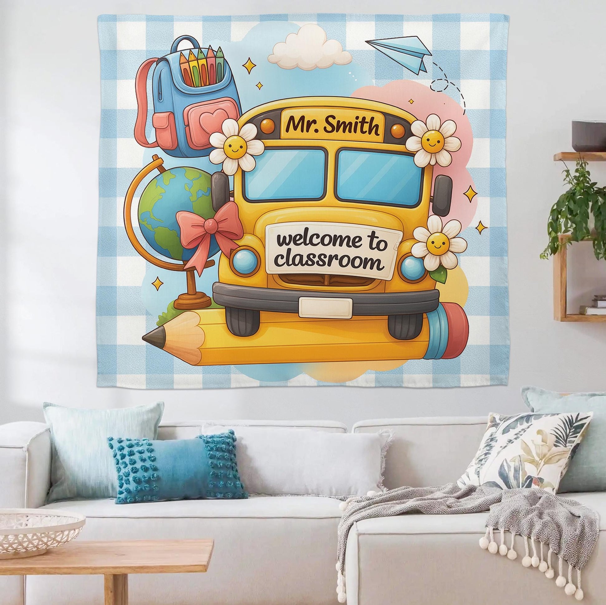 School Bus Classroom Tapestry, Personalized Teacher Wall Hanging, Back to School Classroom Decor, Custom Teacher Gift