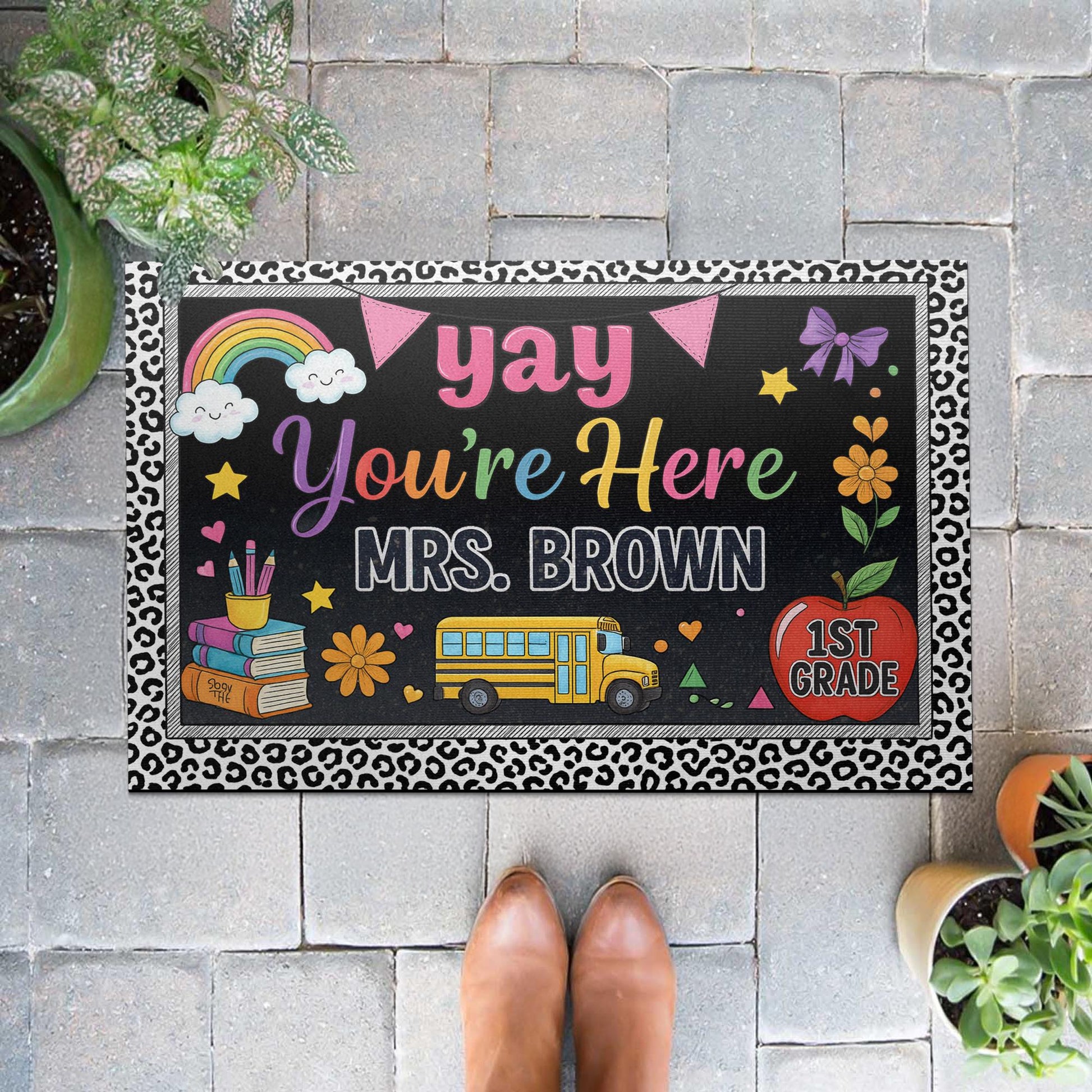 Yay You're Here Teacher Doormat, Personalized Classroom Welcome Mat, Custom Name School Entry Rug, Back to School Teacher Gift