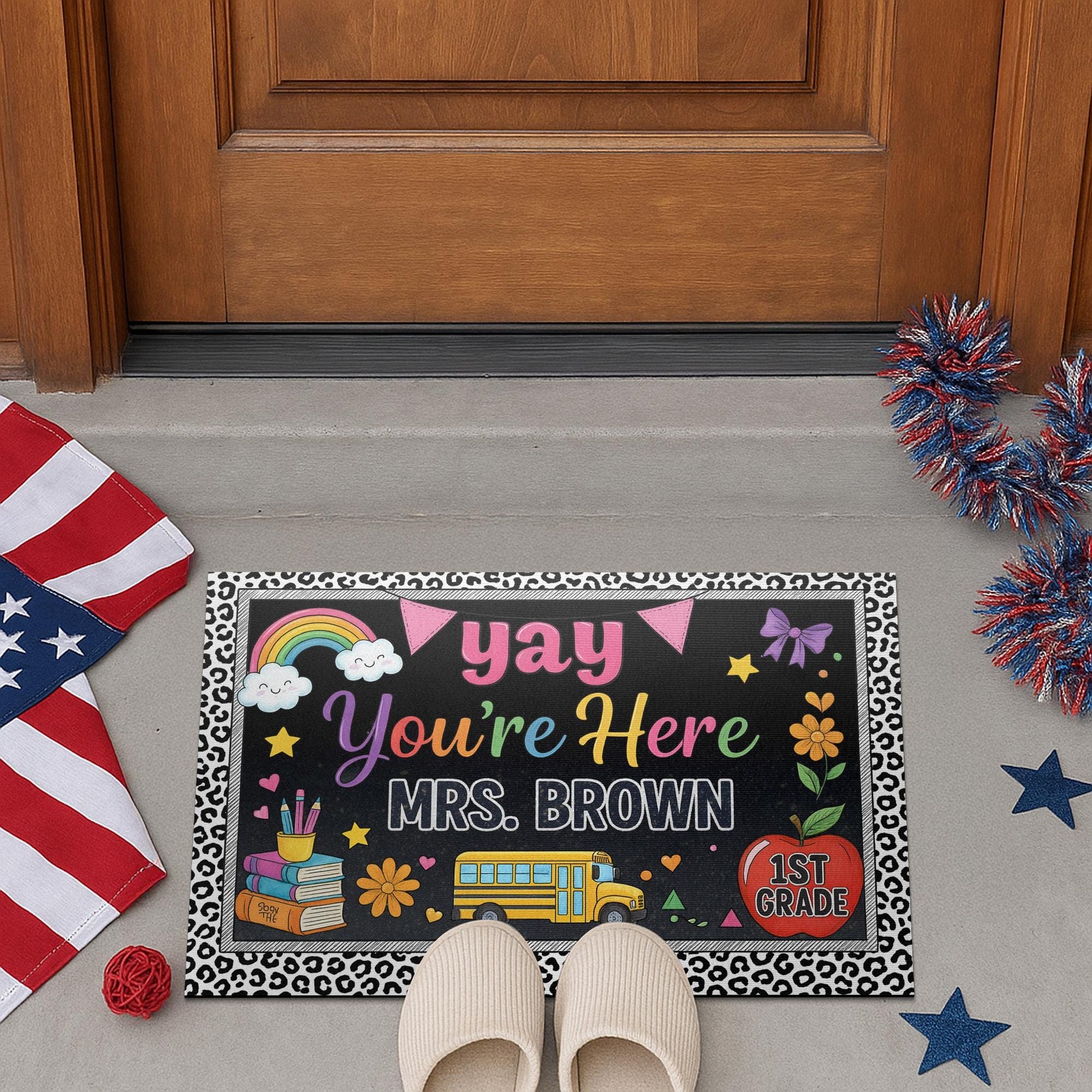 Yay You're Here Teacher Doormat, Personalized Classroom Welcome Mat, Custom Name School Entry Rug, Back to School Teacher Gift