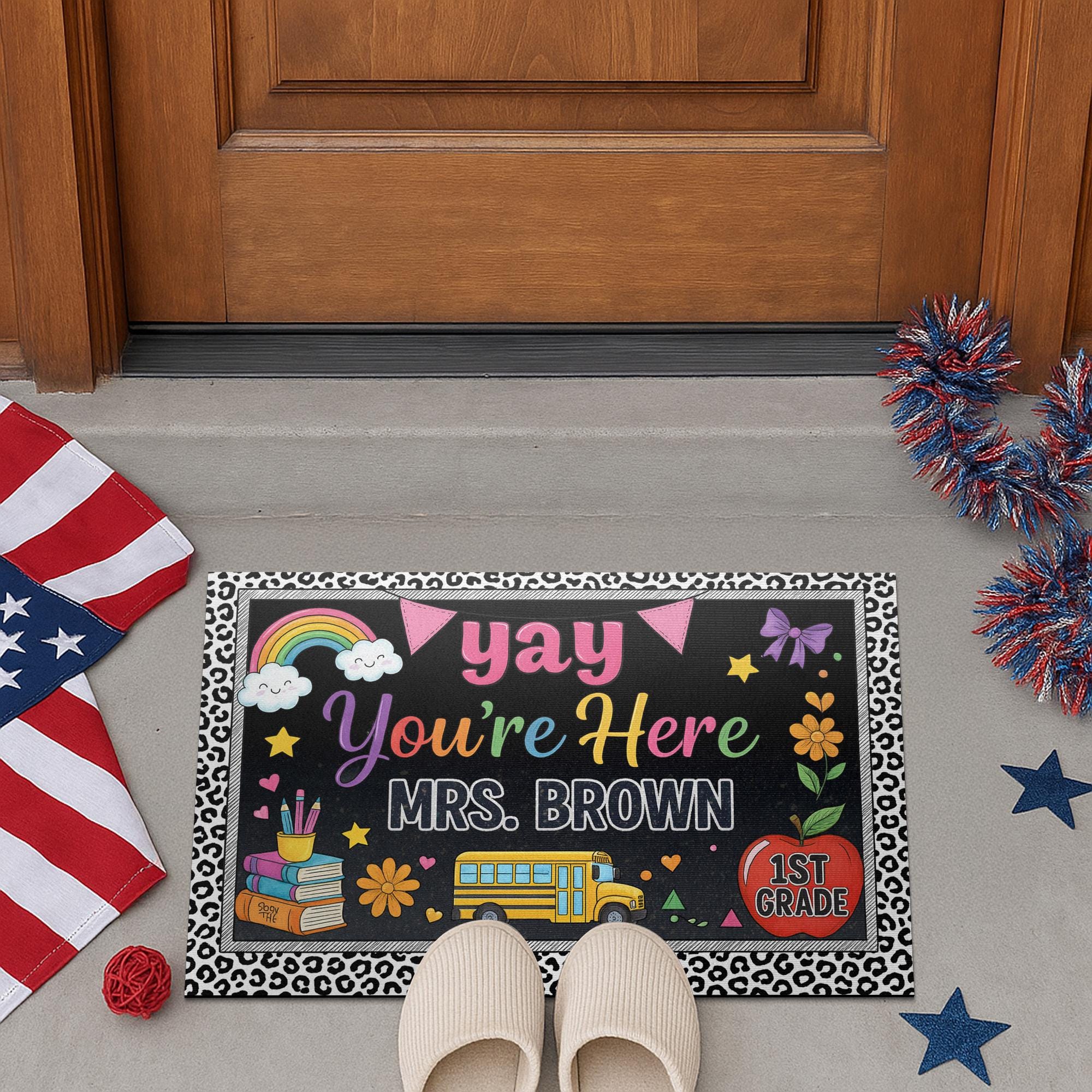 Yay You're Here Teacher Doormat, Personalized Classroom Welcome Mat, Custom Name School Entry Rug, Back to School Teacher Gift