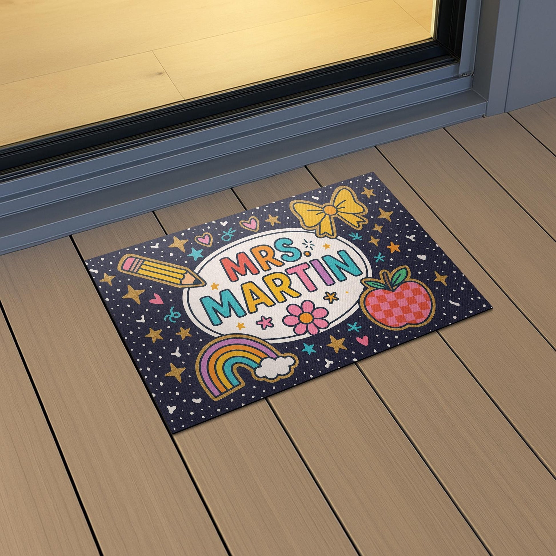 Personalized Teacher Doormat, Custom Name Classroom Welcome Mat, Cute Rainbow Apple School Entry Rug, Teacher Gift Decor