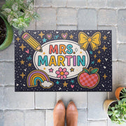 Personalized Teacher Doormat, Custom Name Classroom Welcome Mat, Cute Rainbow Apple School Entry Rug, Teacher Gift Decor