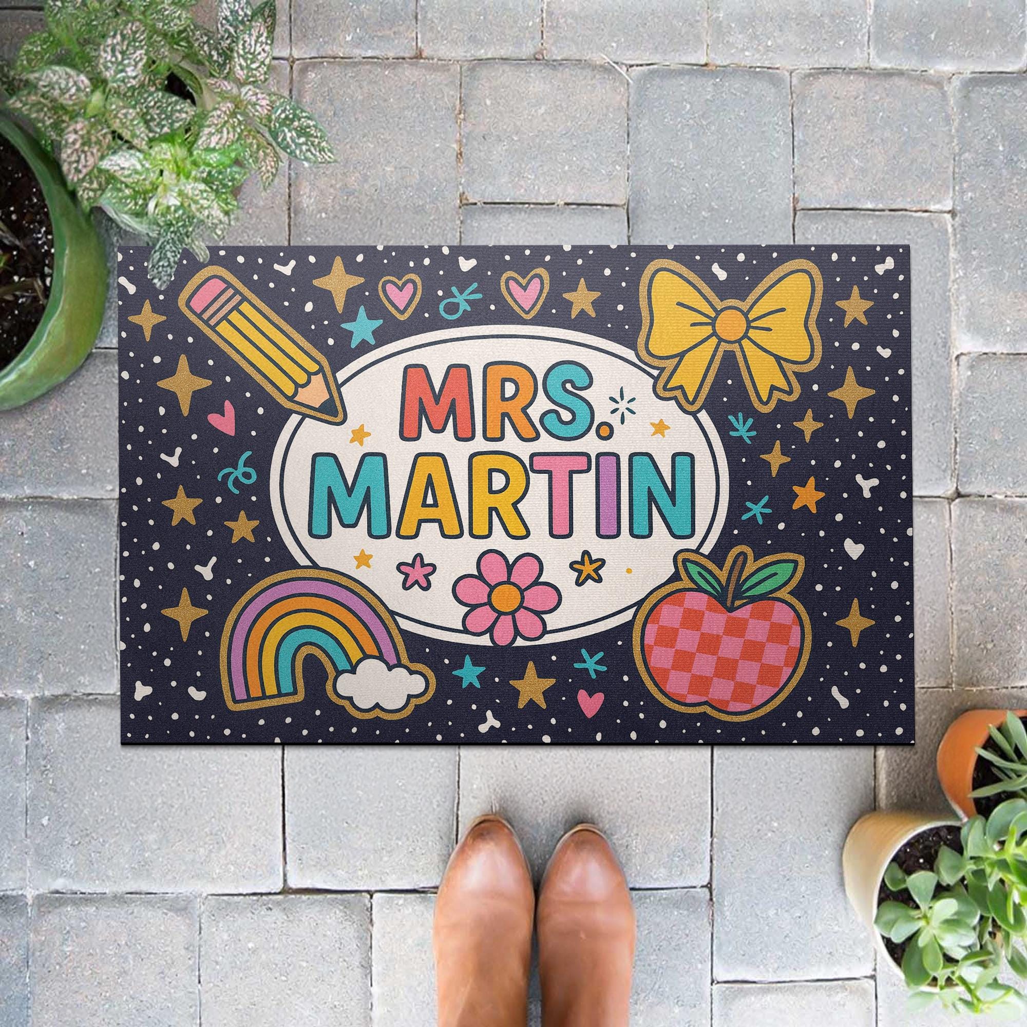 Personalized Teacher Doormat, Custom Name Classroom Welcome Mat, Cute Rainbow Apple School Entry Rug, Teacher Gift Decor