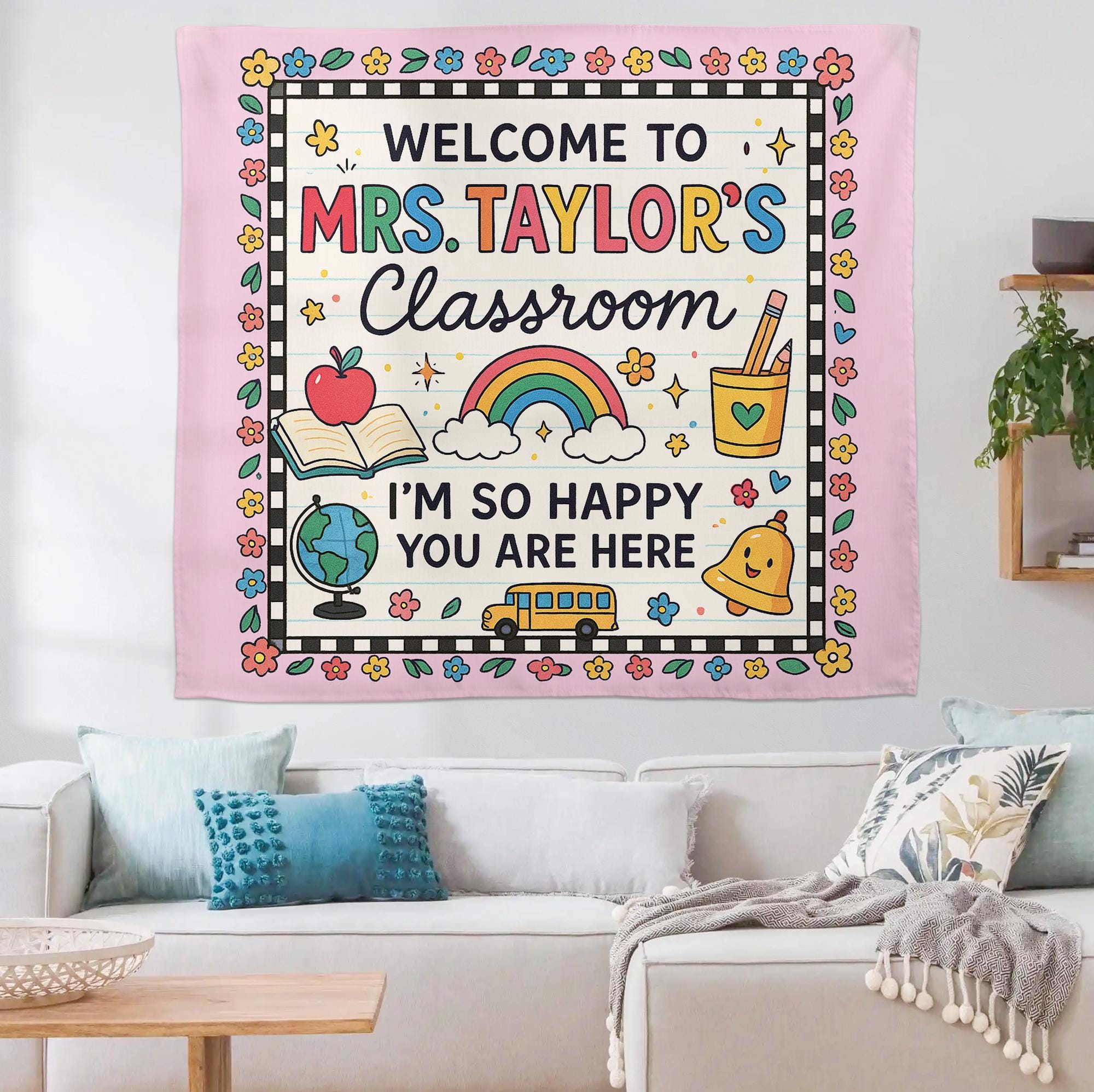 Welcome to Classroom Tapestry, Personalized Teacher Wall Hanging, Custom Name School Decor, Back to School Teacher Gift