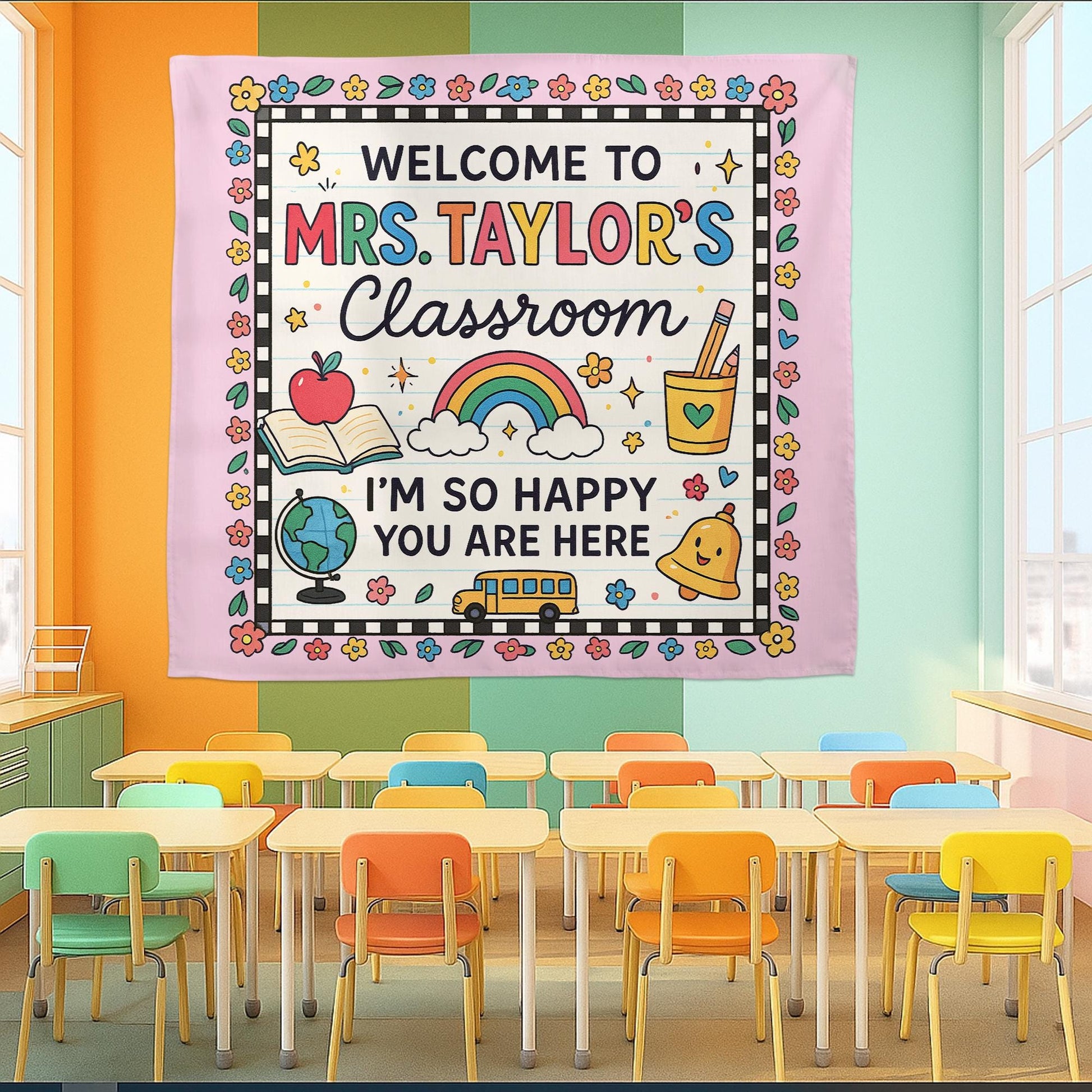 Welcome to Classroom Tapestry, Personalized Teacher Wall Hanging, Custom Name School Decor, Back to School Teacher Gift