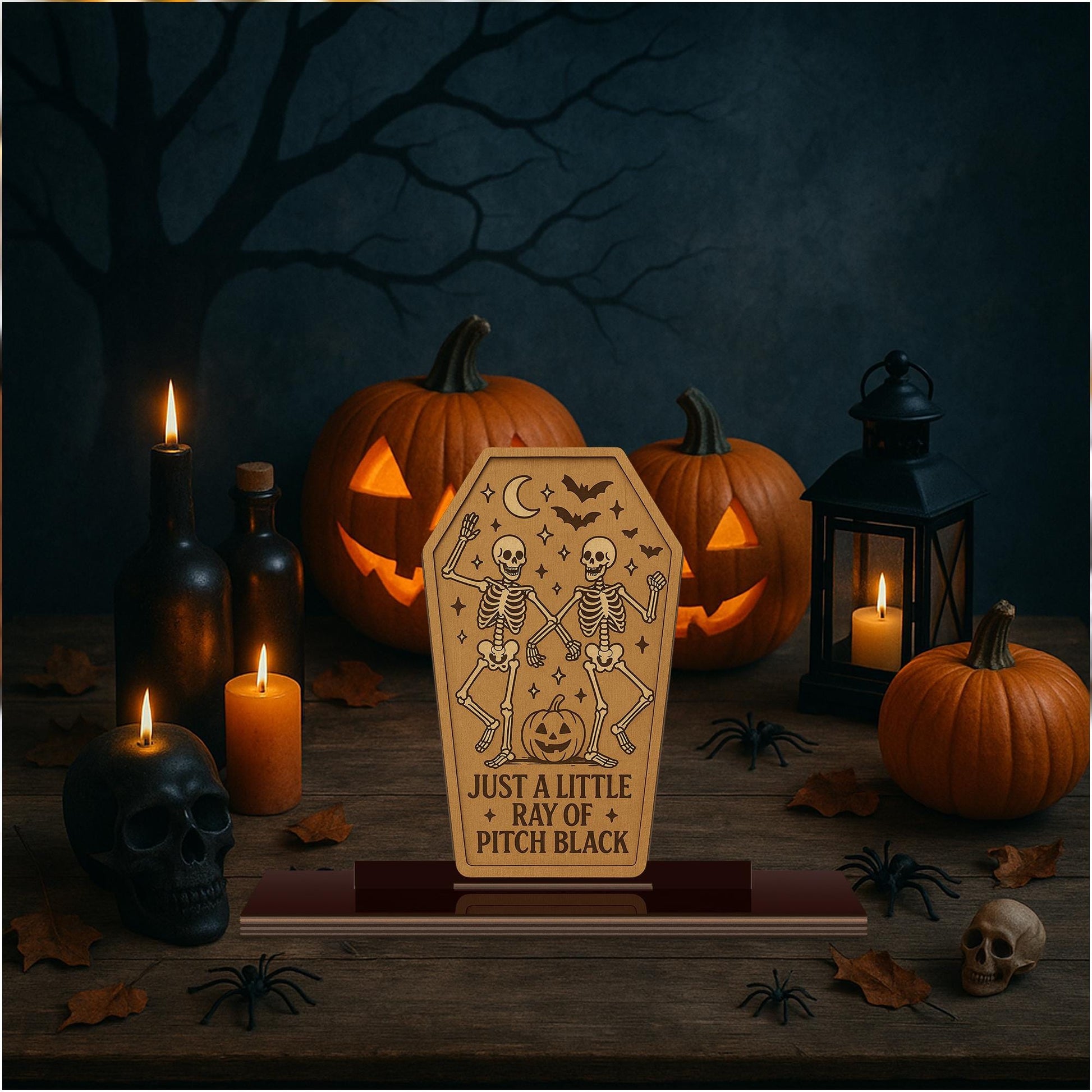 Halloween Skeleton Wood Sign – “Just a Little Ray of Pitch Black” Coffin Decor – Spooky Wooden Standee for Goth & Witchy Home Decor