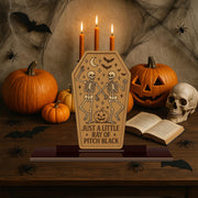 Halloween Skeleton Wood Sign – “Just a Little Ray of Pitch Black” Coffin Decor – Spooky Wooden Standee for Goth & Witchy Home Decor