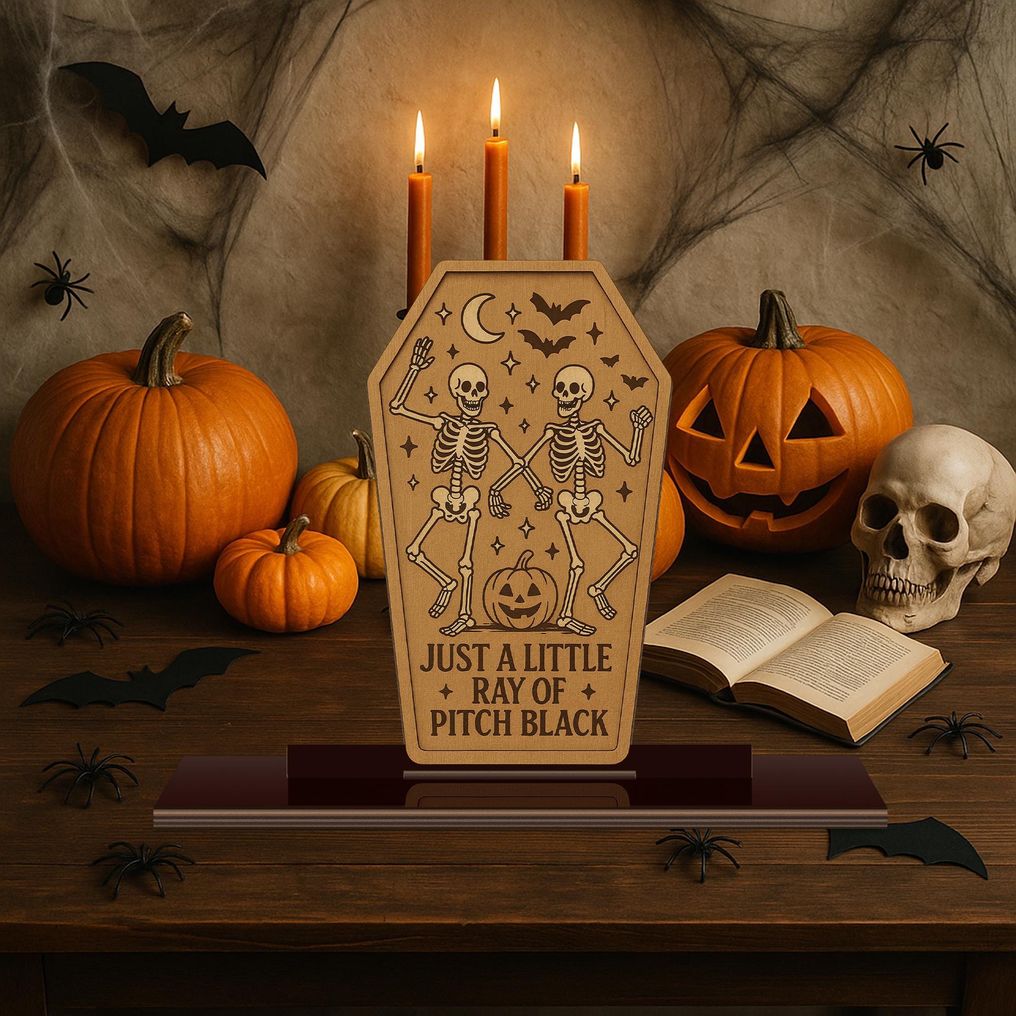 Halloween Skeleton Wood Sign – “Just a Little Ray of Pitch Black” Coffin Decor – Spooky Wooden Standee for Goth & Witchy Home Decor