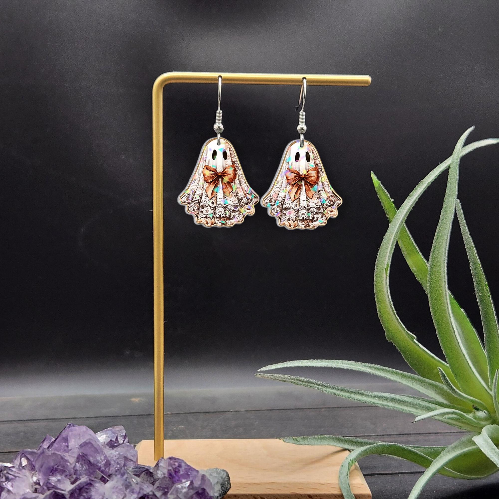 Ghost Bow Holographic Earrings, Halloween Ghost Jewelry, Kawaii Fall Earrings, Iridescent Ghost Dangle Earrings for Women