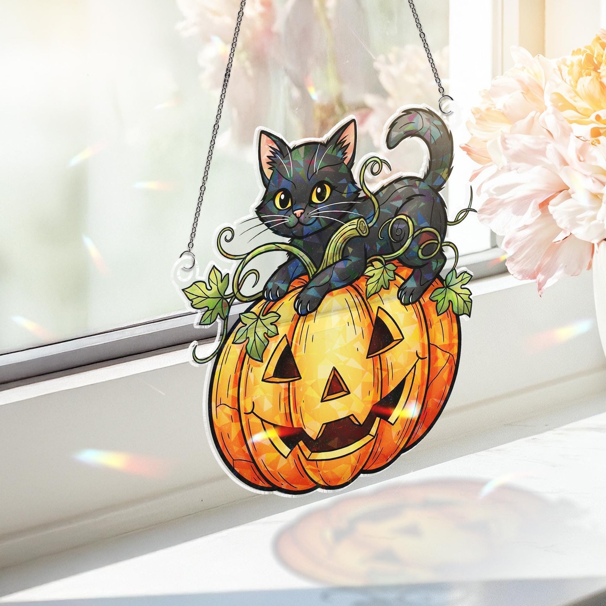 Black Cat on Pumpkin Hologram Badge Reel, Halloween ID Holder, Iridescent Kawaii Fall Badge Accessories for Nurses