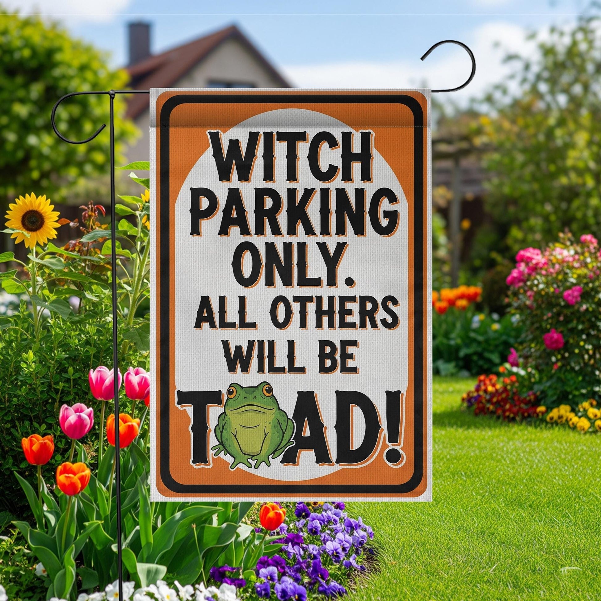 Witch Parking Only Garden Flag – Funny Halloween Toad Yard Sign, Spooky Witch Decor, Outdoor Halloween Porch Flag