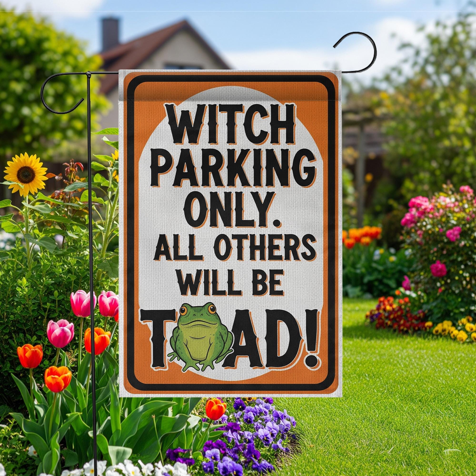 Witch Parking Only Garden Flag – Funny Halloween Toad Yard Sign, Spooky Witch Decor, Outdoor Halloween Porch Flag