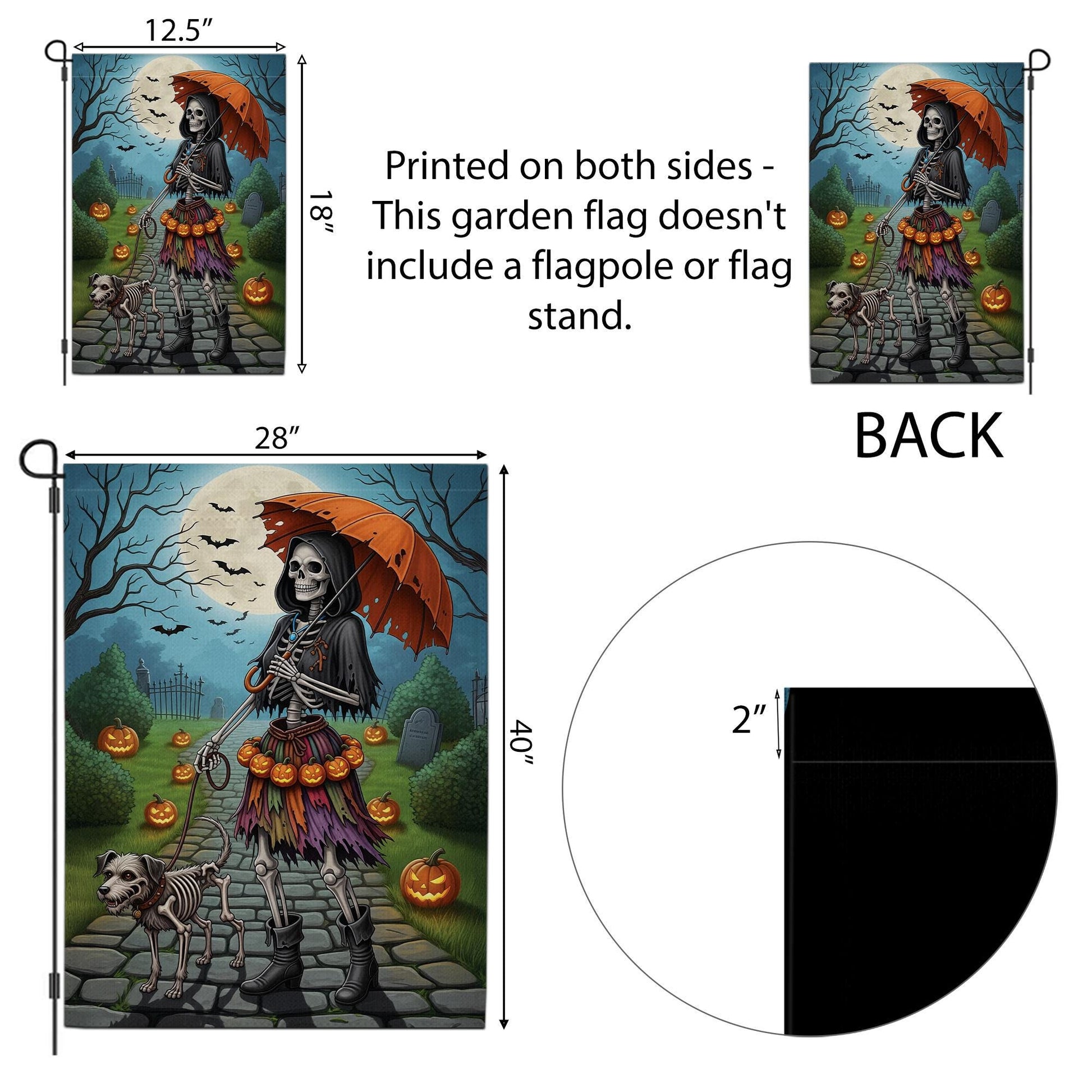 Skeleton Walking Dog Halloween Garden Flag – Spooky Skeleton Dog Yard Decor, Creepy Pumpkin Graveyard Outdoor Flag
