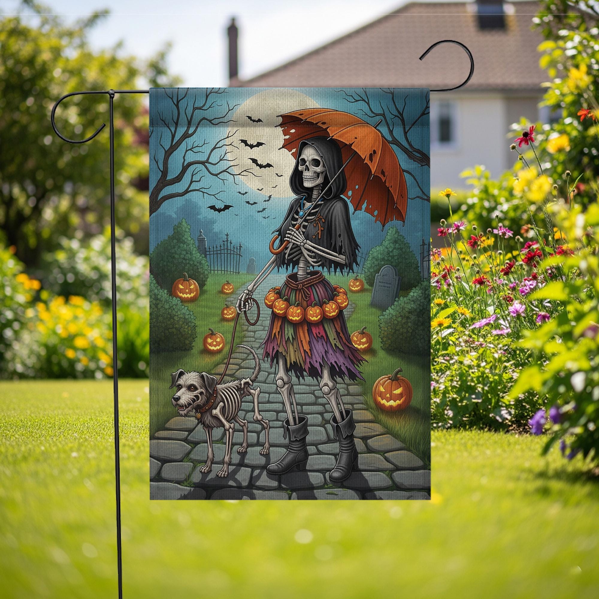 Skeleton Walking Dog Halloween Garden Flag – Spooky Skeleton Dog Yard Decor, Creepy Pumpkin Graveyard Outdoor Flag