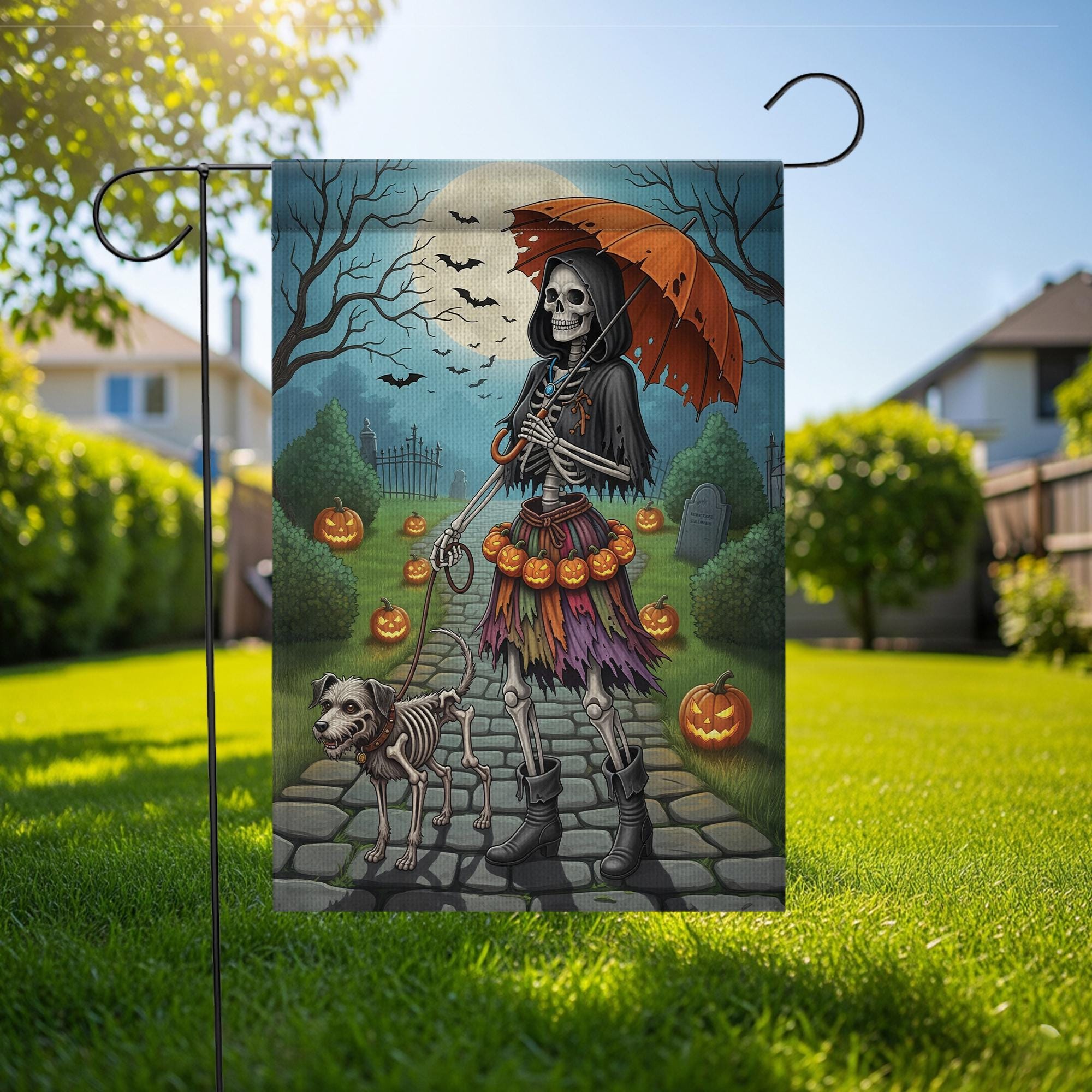 Skeleton Walking Dog Halloween Garden Flag – Spooky Skeleton Dog Yard Decor, Creepy Pumpkin Graveyard Outdoor Flag