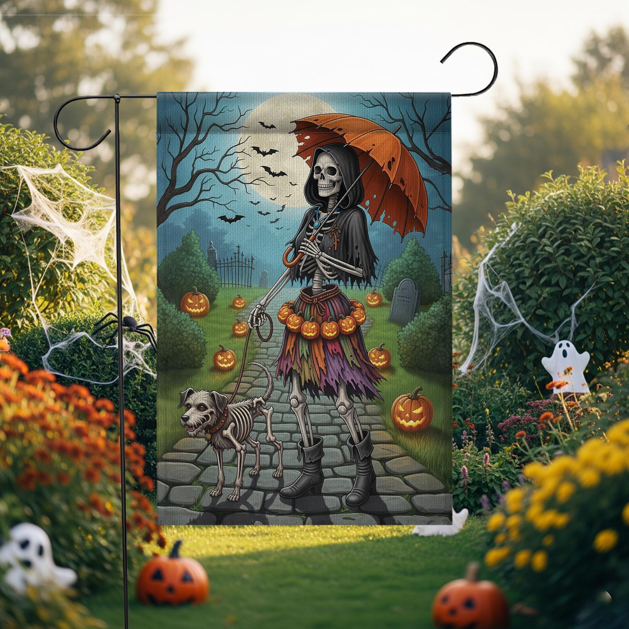 Skeleton Walking Dog Halloween Garden Flag – Spooky Skeleton Dog Yard Decor, Creepy Pumpkin Graveyard Outdoor Flag