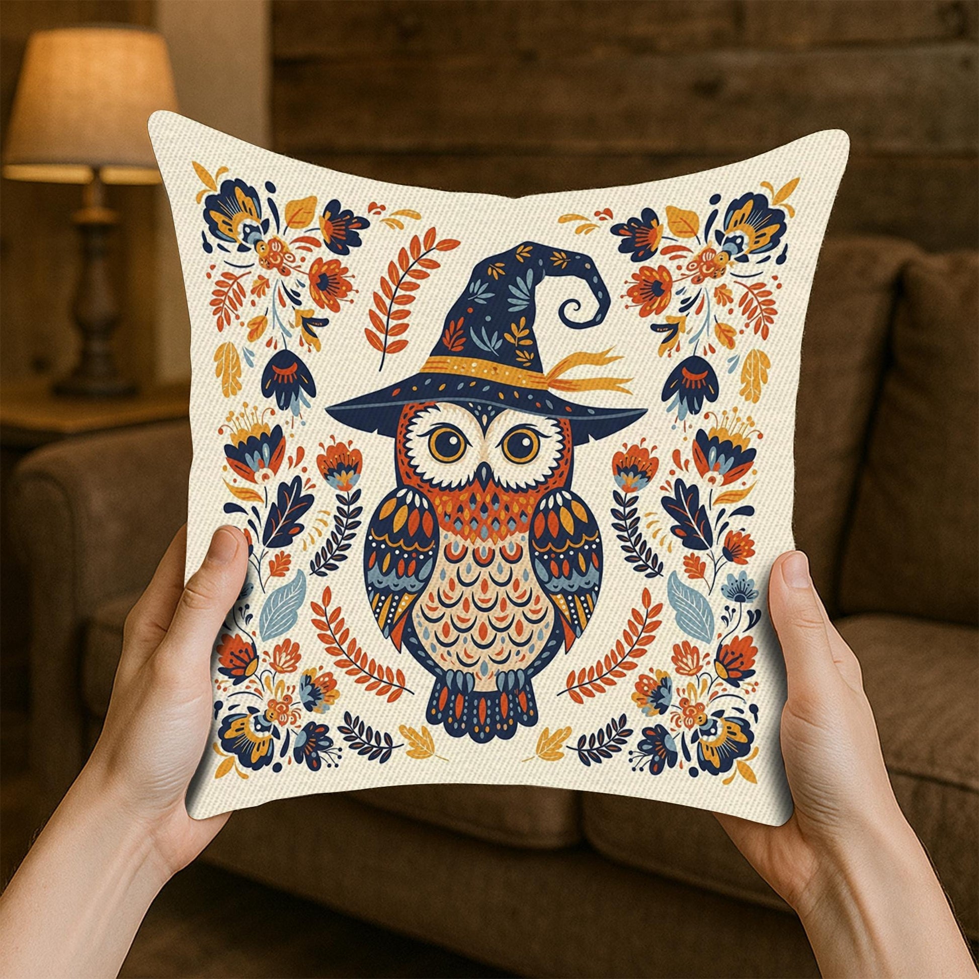 Halloween Owl Witch Pillow Cover – Rectangular Throw Cushion with Witch Hat Owl, Floral & Magical Fall Decor