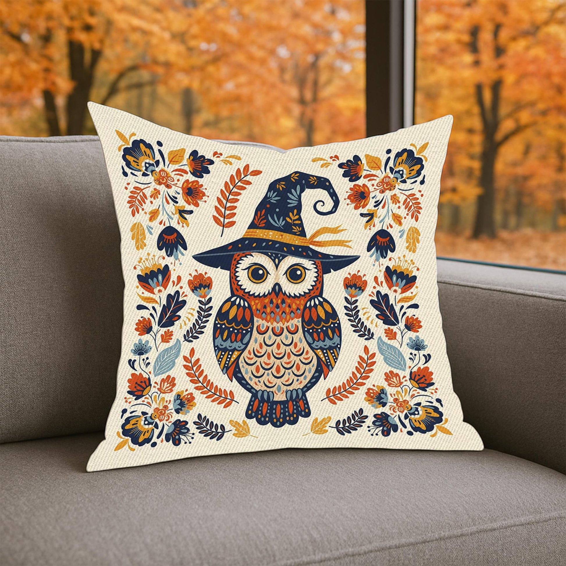 Halloween Owl Witch Pillow Cover – Rectangular Throw Cushion with Witch Hat Owl, Floral & Magical Fall Decor