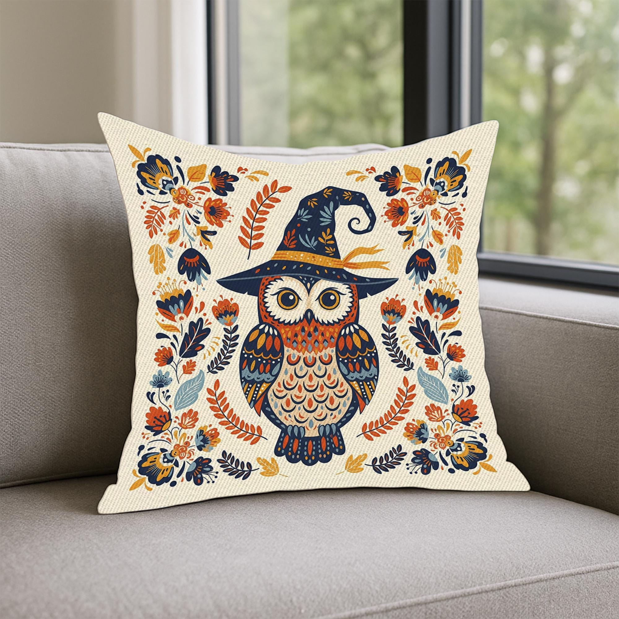 Halloween Owl Witch Pillow Cover – Rectangular Throw Cushion with Witch Hat Owl, Floral & Magical Fall Decor