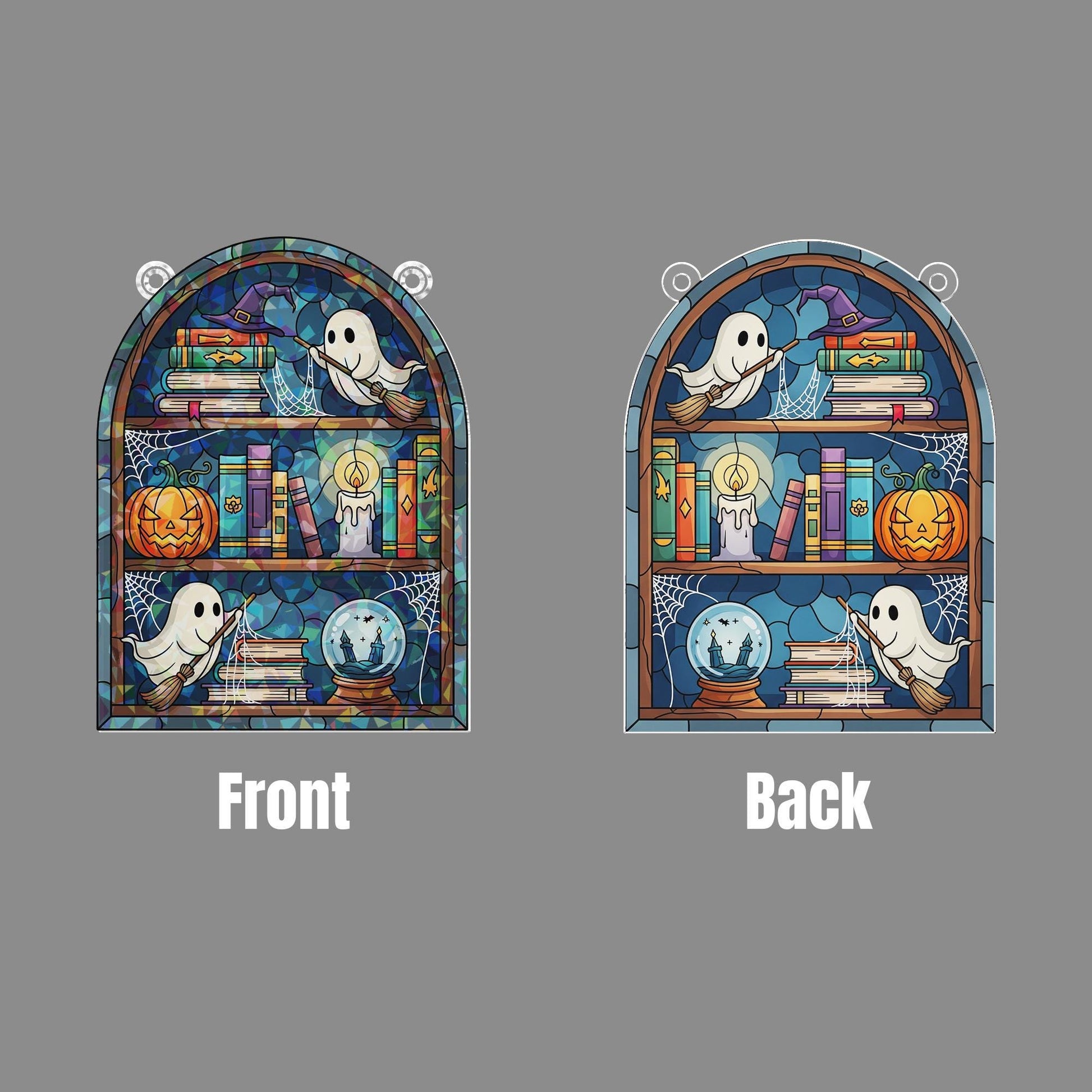 Holographic Ghost Bookshelf Window Hanging – Halloween Books & Pumpkin Sun Catcher, Spooky Witchy Library Prism Decor