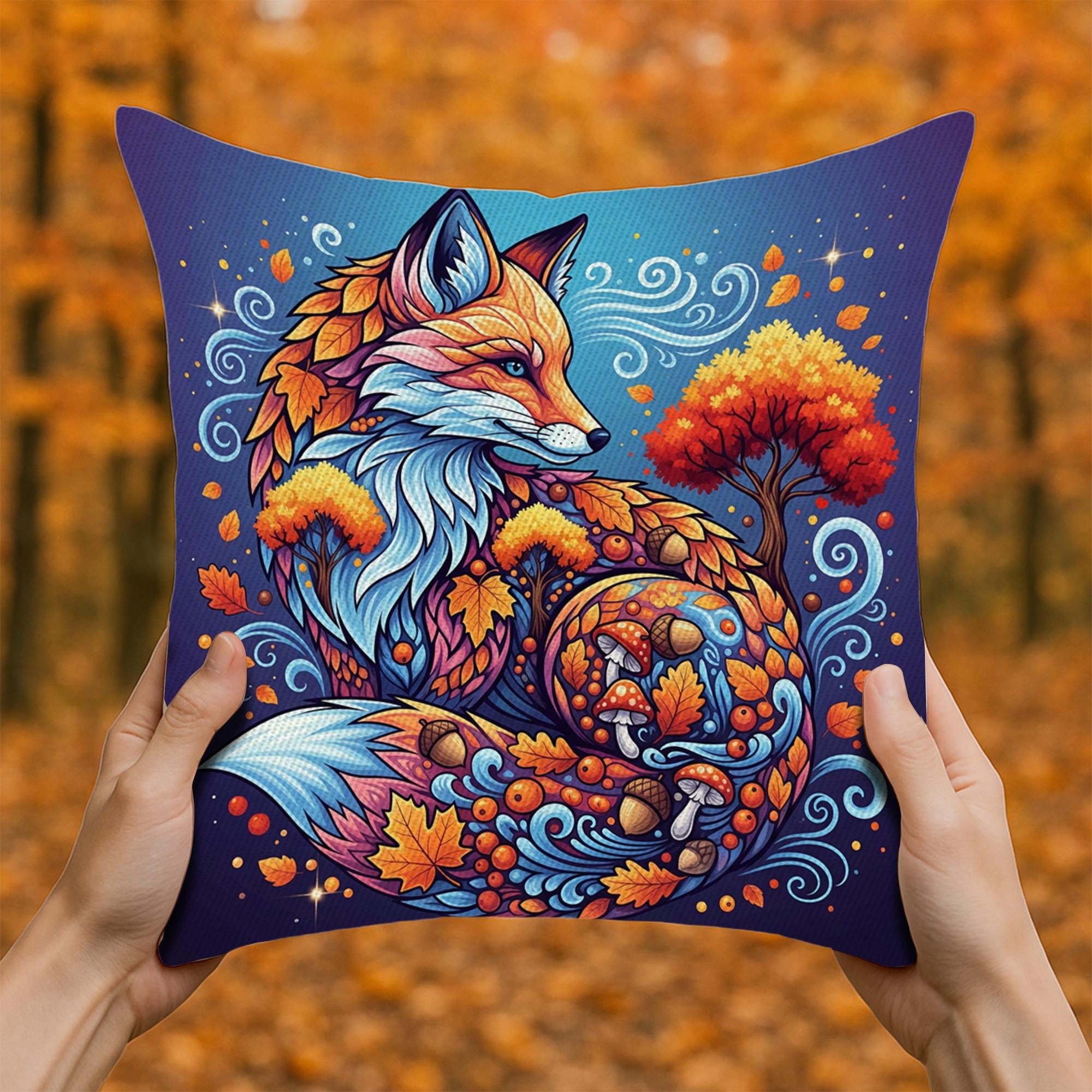 Autumn Fox Mandala Pillow – Fall Fox Cushion Cover with Leaves, Mushrooms & Swirls, Rustic Boho Forest Decor