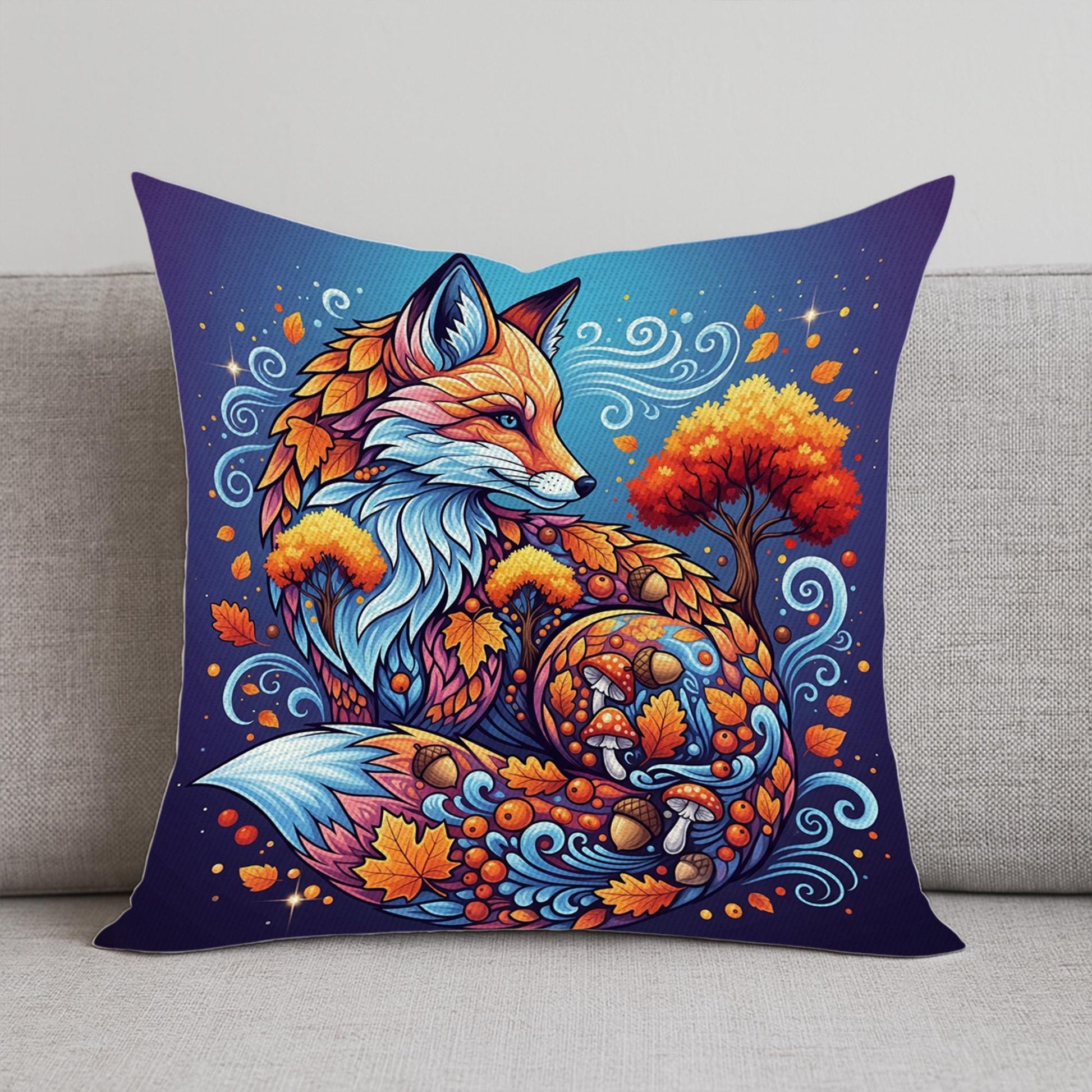 Autumn Fox Mandala Pillow – Fall Fox Cushion Cover with Leaves, Mushrooms & Swirls, Rustic Boho Forest Decor