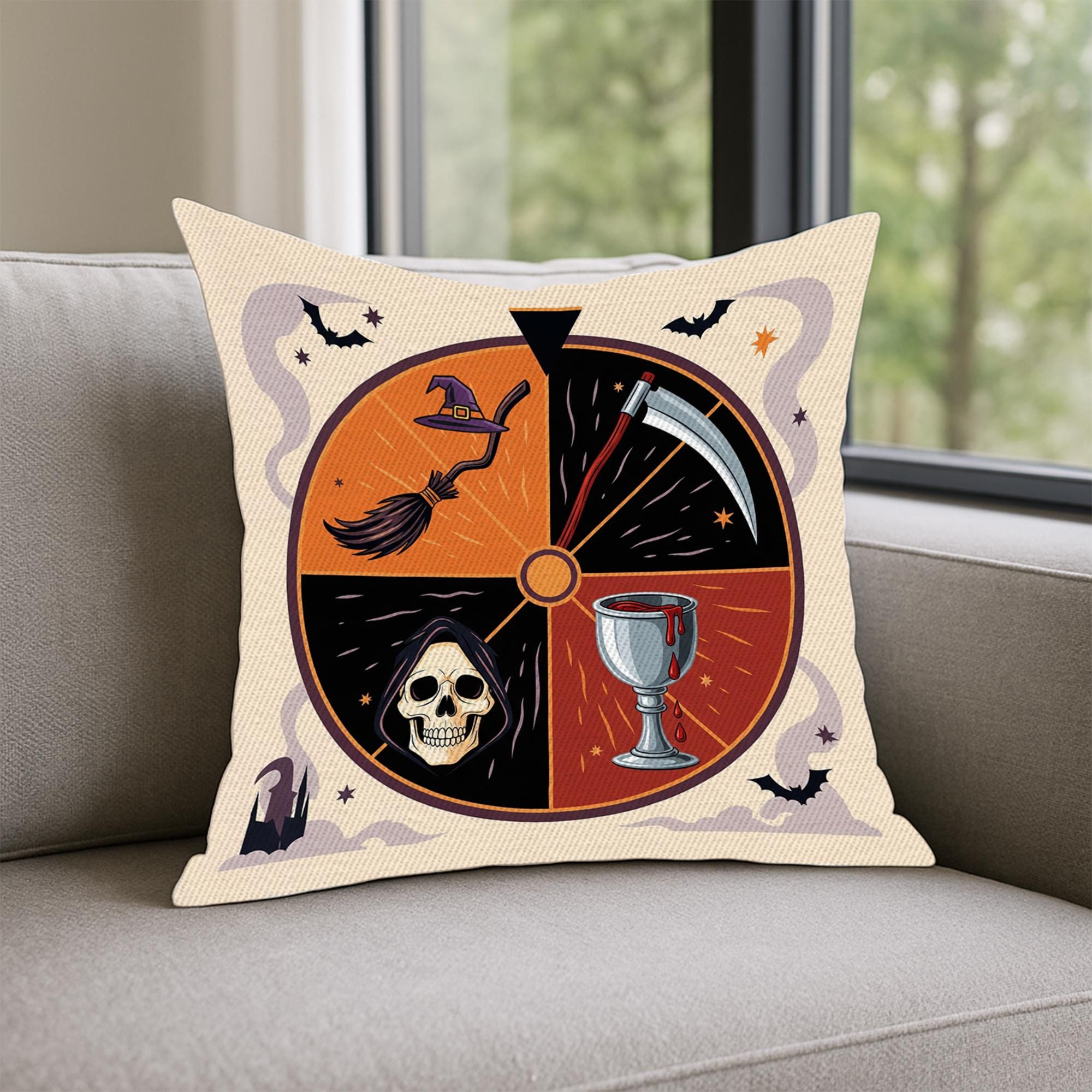Spooky Tarot Wheel Pillow – Grim Reaper Scythe, Skull & Goblet Design for Halloween Decor