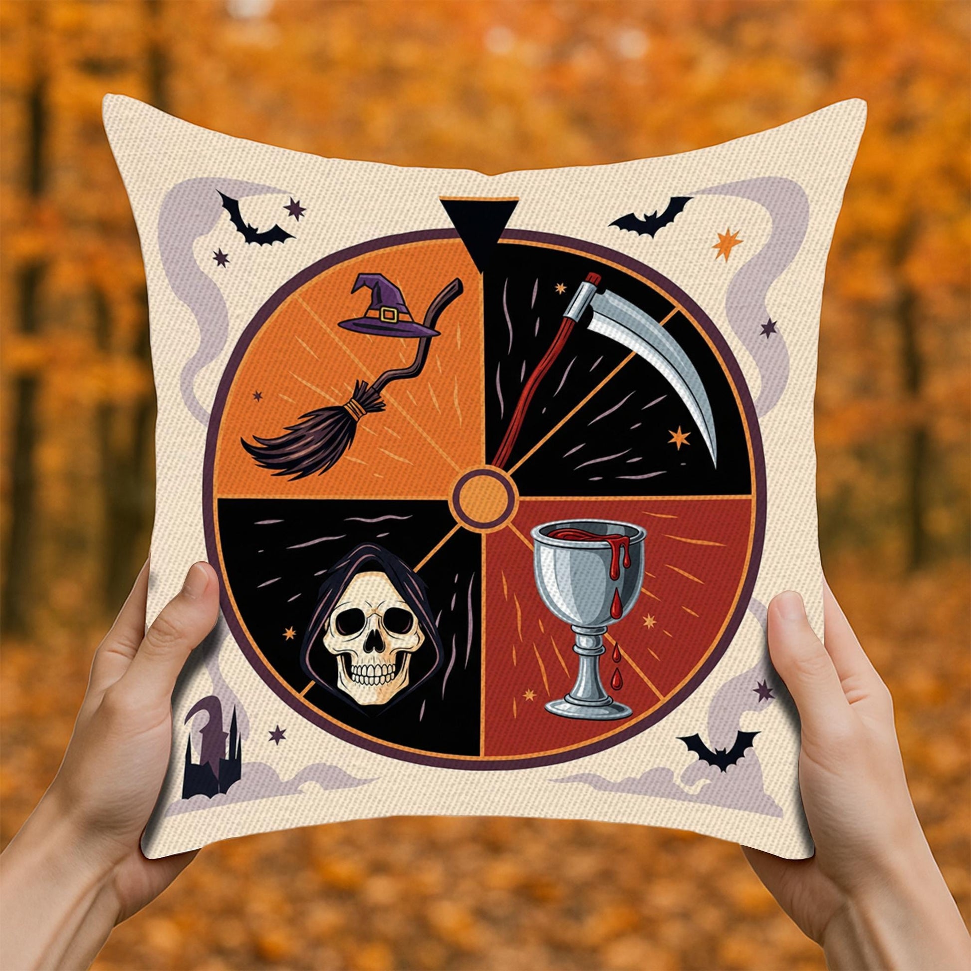 Spooky Tarot Wheel Pillow – Grim Reaper Scythe, Skull & Goblet Design for Halloween Decor