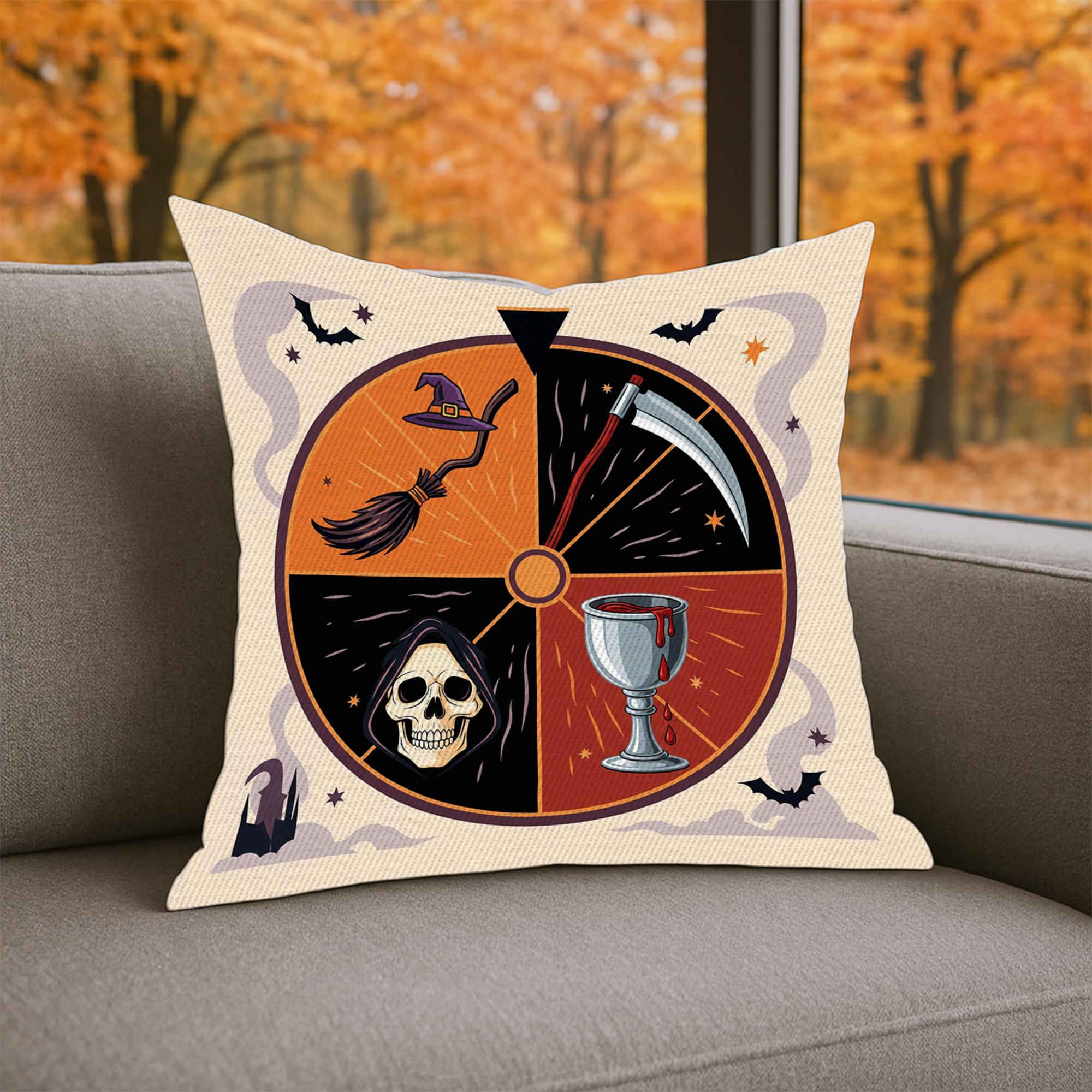 Spooky Tarot Wheel Pillow – Grim Reaper Scythe, Skull & Goblet Design for Halloween Decor