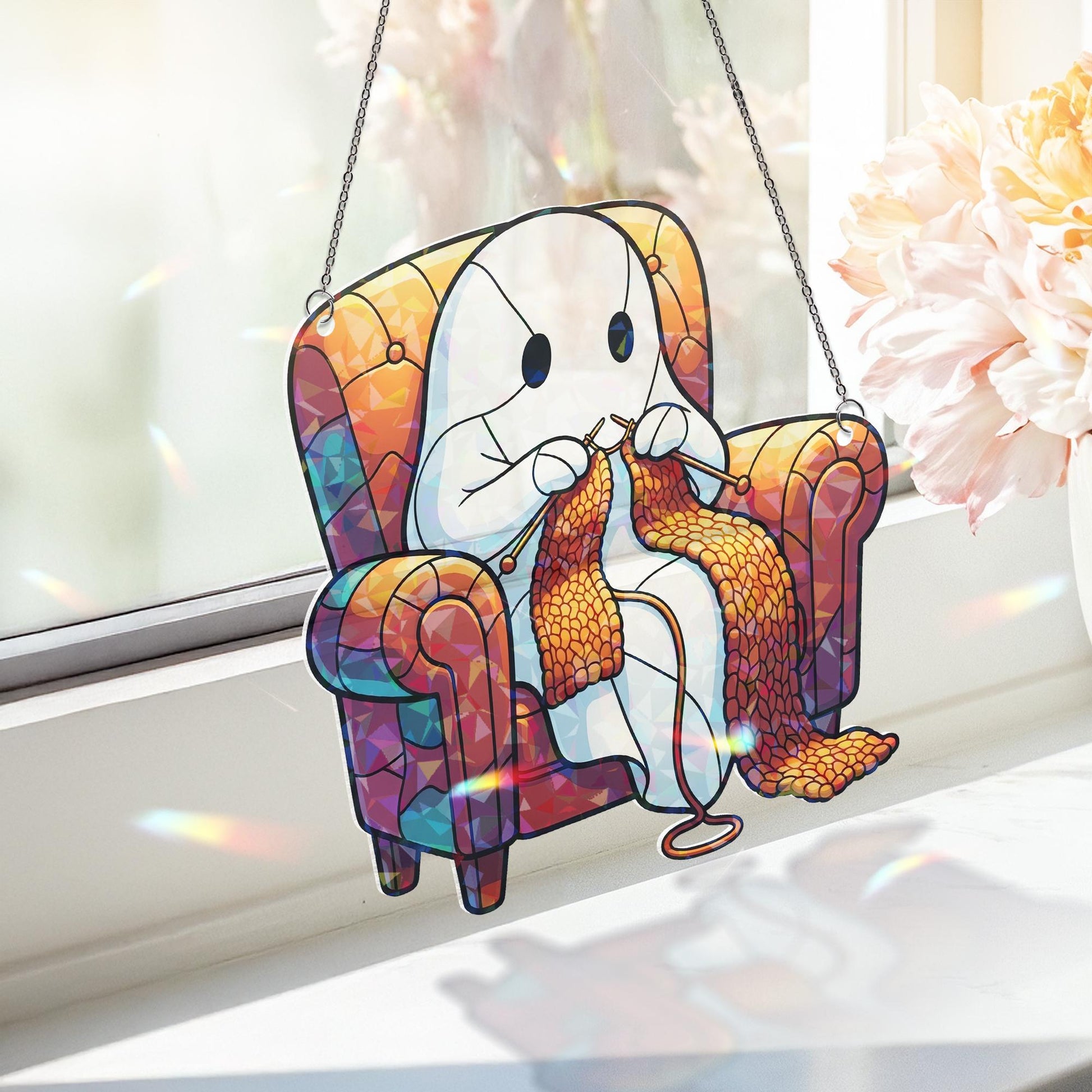 Holographic Knitting Ghost Window Hanging – Cozy Ghost Sun Catcher, Cute Halloween Prism Art, Fall Spooky Home Window Decor