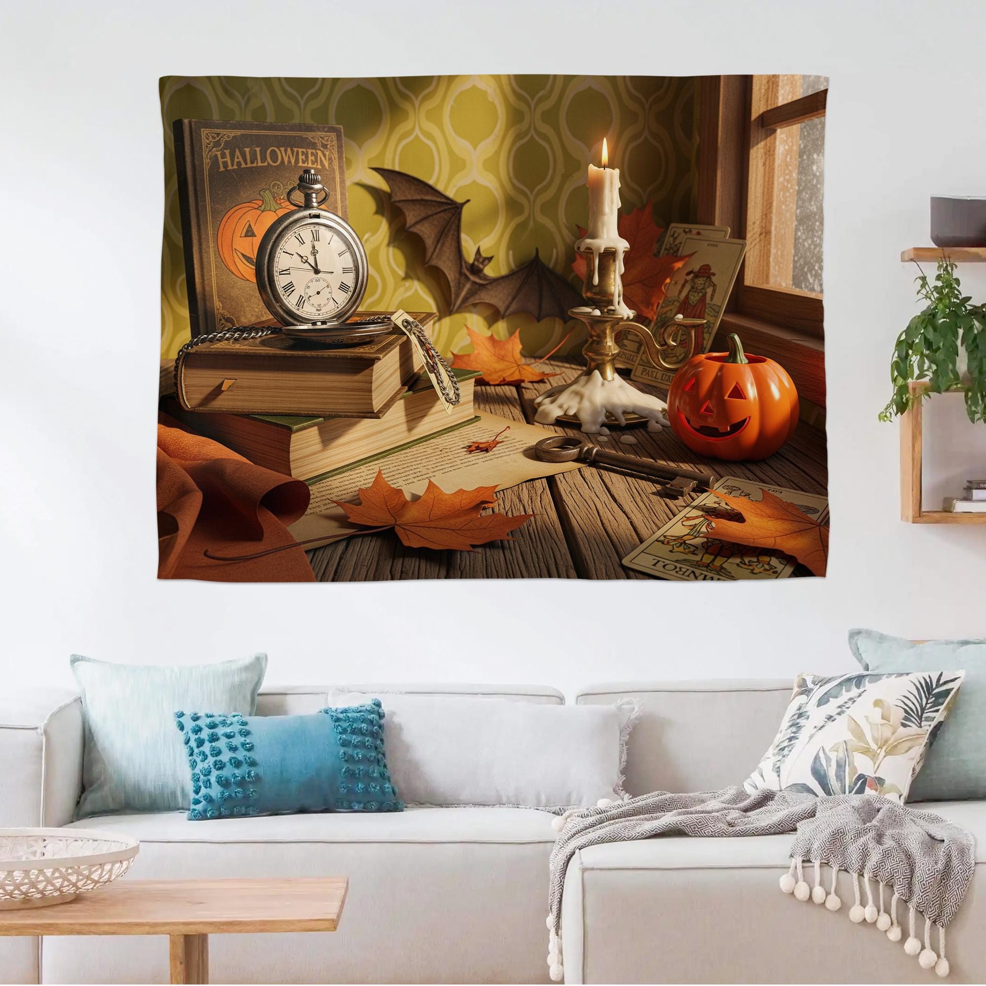 Vintage Halloween Still Life Tapestry – Clock, Tarot Cards & Pumpkin Candlelit Wall Art