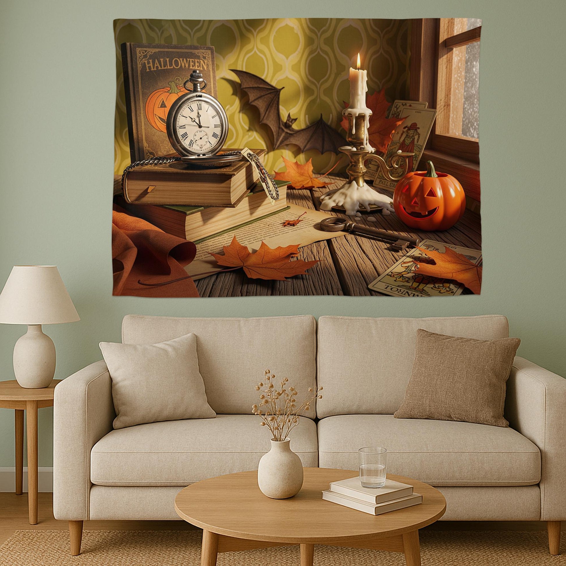 Vintage Halloween Still Life Tapestry – Clock, Tarot Cards & Pumpkin Candlelit Wall Art