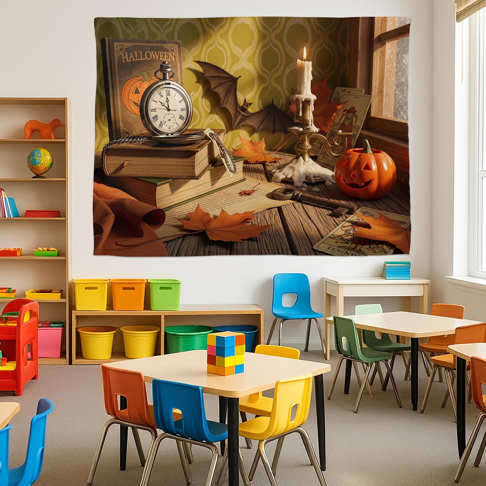 Vintage Halloween Still Life Tapestry – Clock, Tarot Cards & Pumpkin Candlelit Wall Art