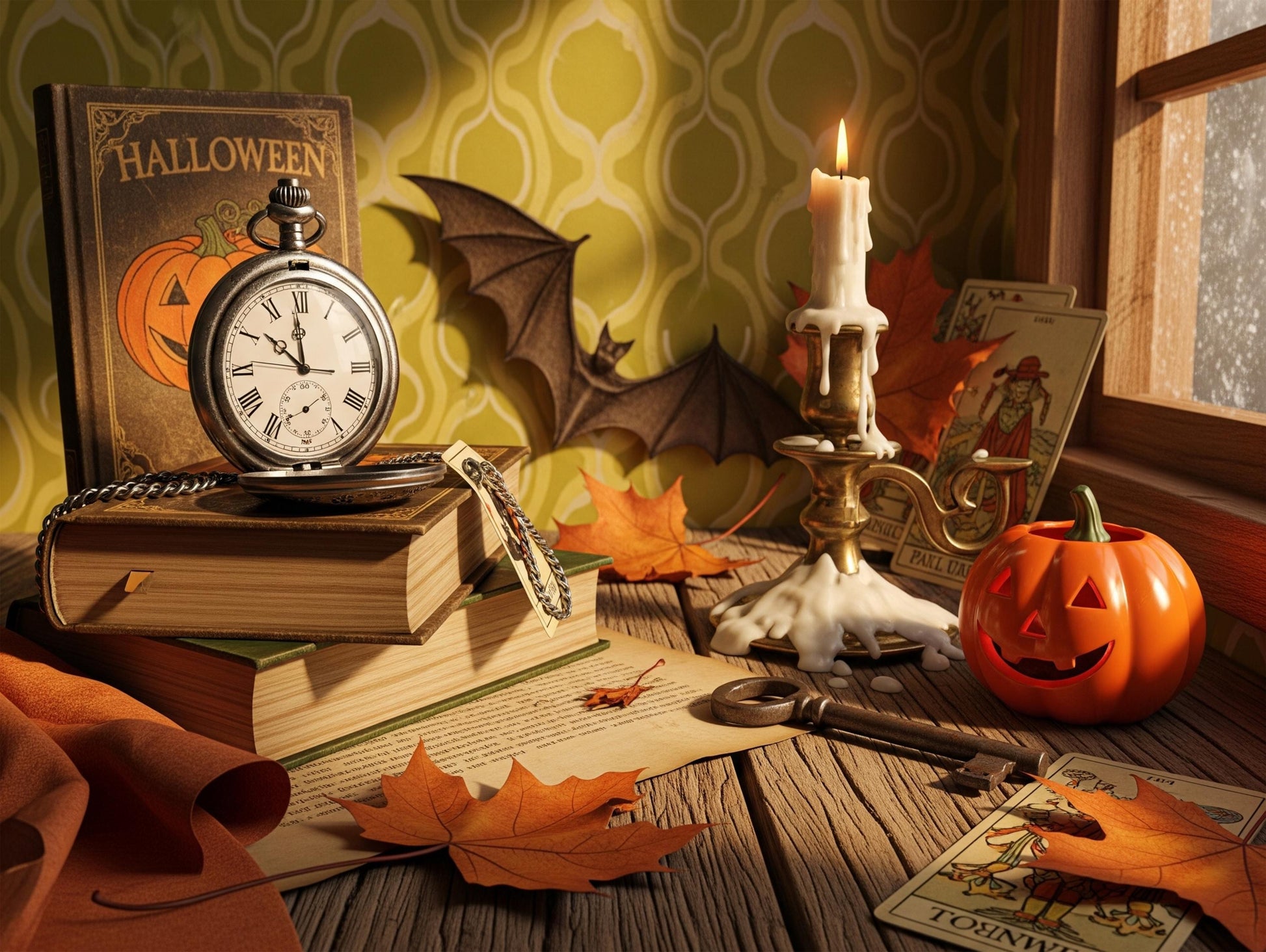 Vintage Halloween Still Life Tapestry – Clock, Tarot Cards & Pumpkin Candlelit Wall Art