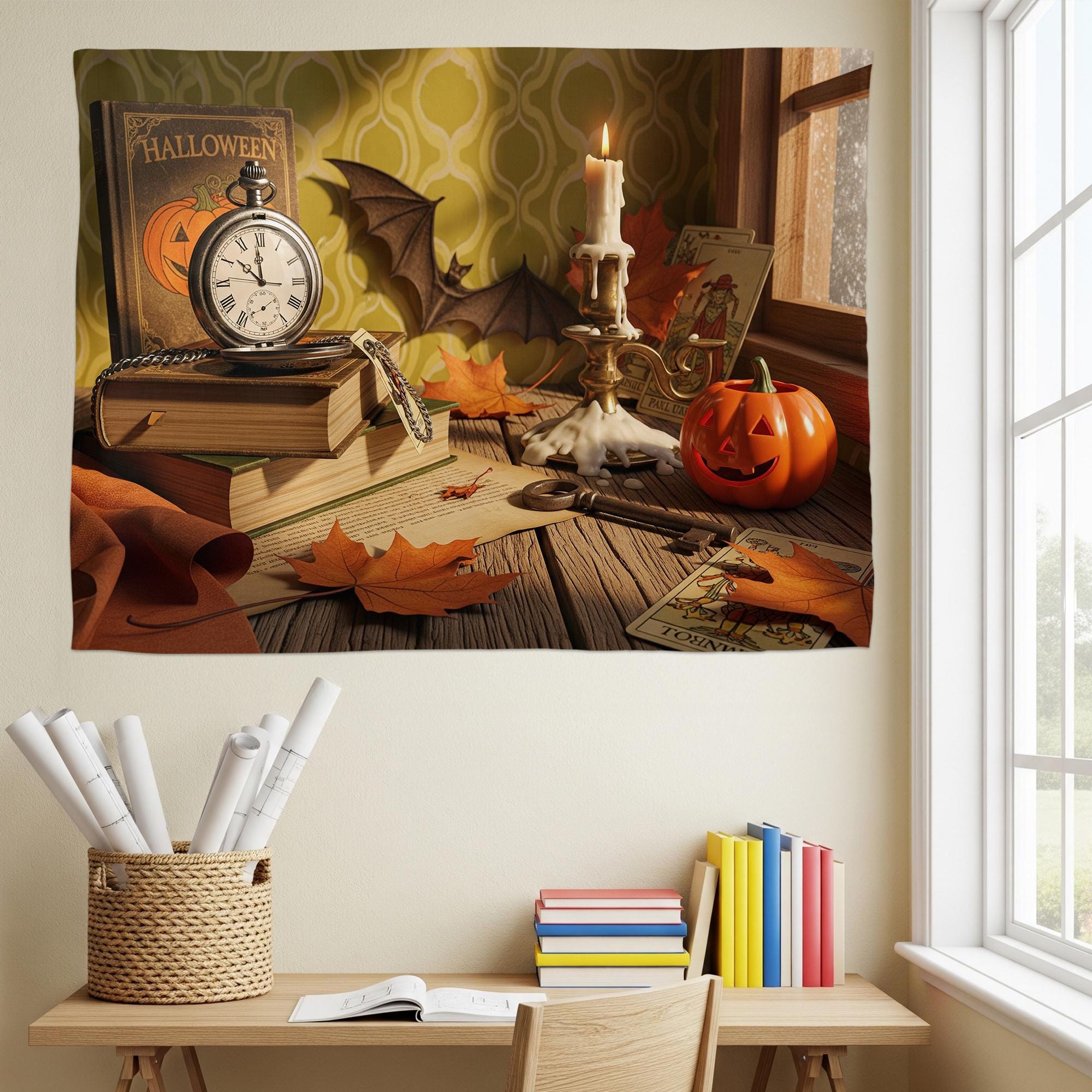 Vintage Halloween Still Life Tapestry – Clock, Tarot Cards & Pumpkin Candlelit Wall Art