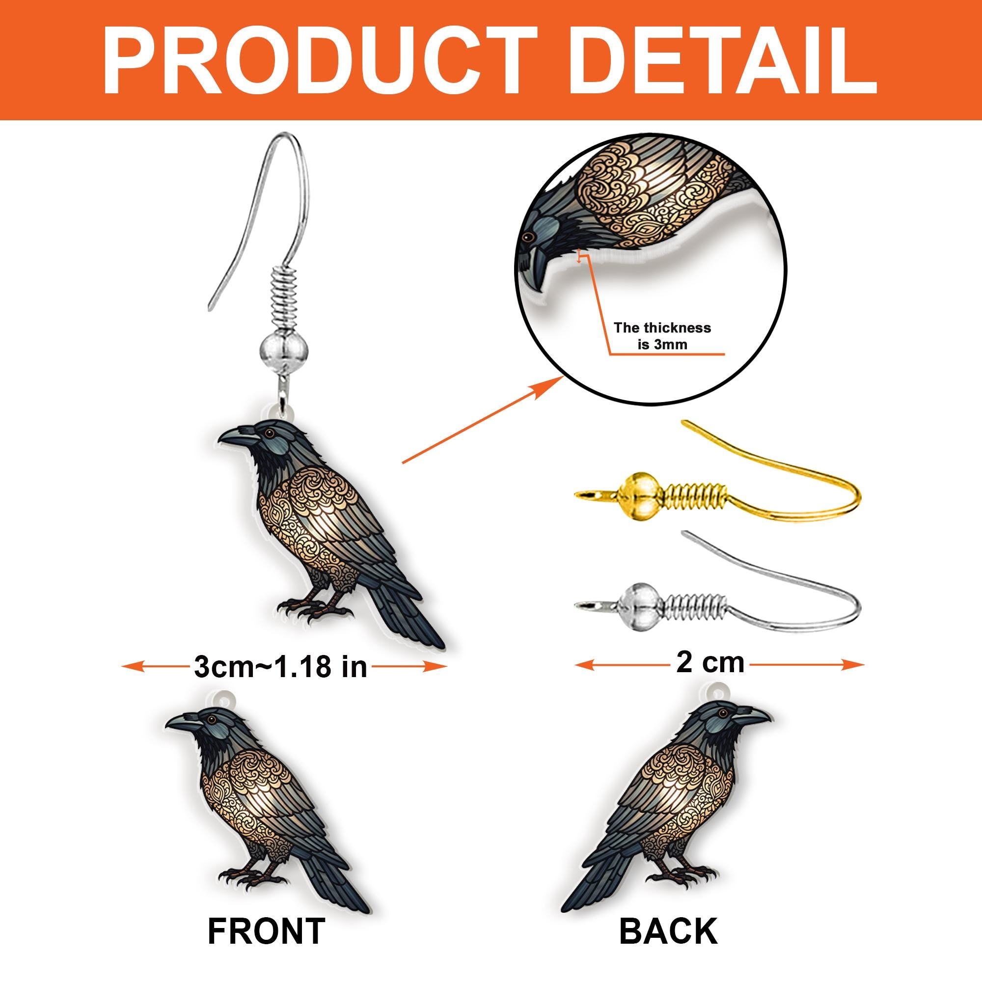 Ornate Raven Crow Earrings – Gothic Black Bird Statement Jewelry, Raven Gifts, Halloween Occult Earrings