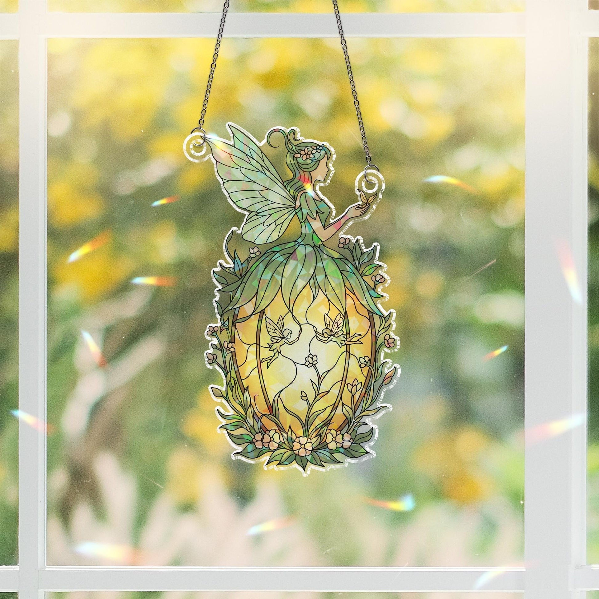 Holographic Fairy Pumpkin Window Hanging – Autumn Fairy on Pumpkin Sun Catcher, Halloween Prism Decor, Fall Fairy Suncatcher