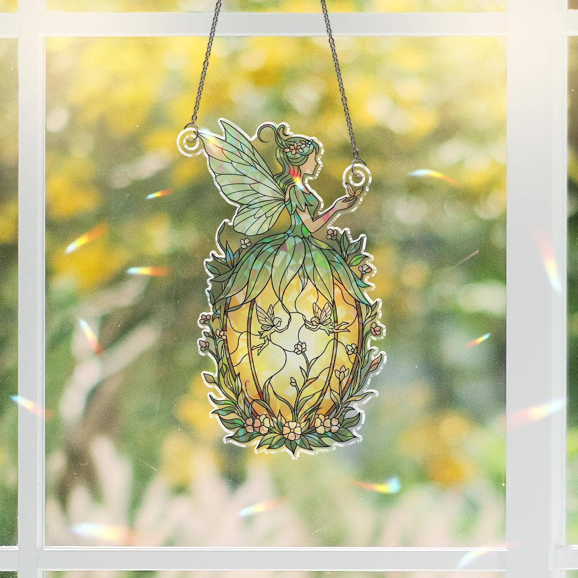 Holographic Fairy Pumpkin Window Hanging – Autumn Fairy on Pumpkin Sun Catcher, Halloween Prism Decor, Fall Fairy Suncatcher