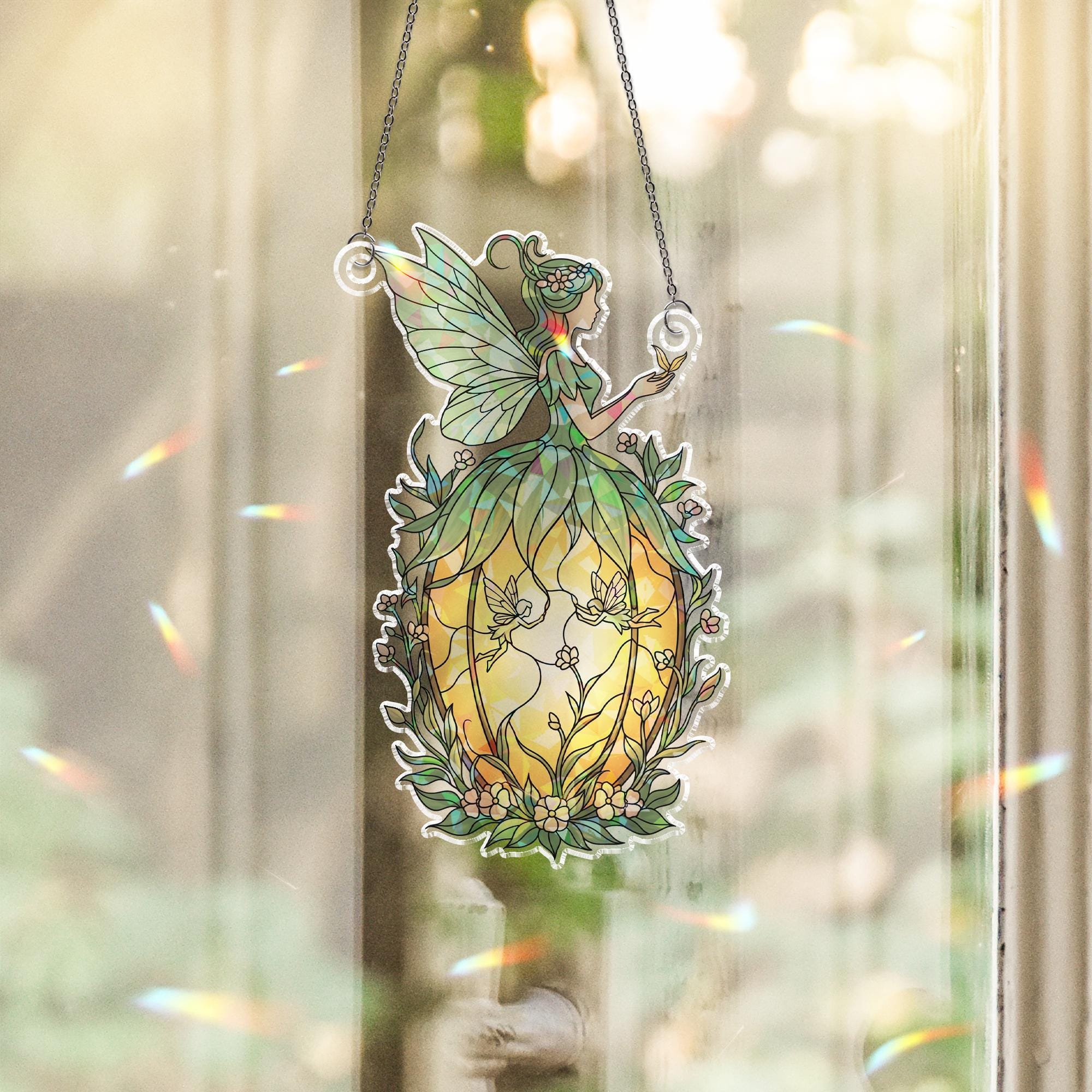Holographic Fairy Pumpkin Window Hanging – Autumn Fairy on Pumpkin Sun Catcher, Halloween Prism Decor, Fall Fairy Suncatcher