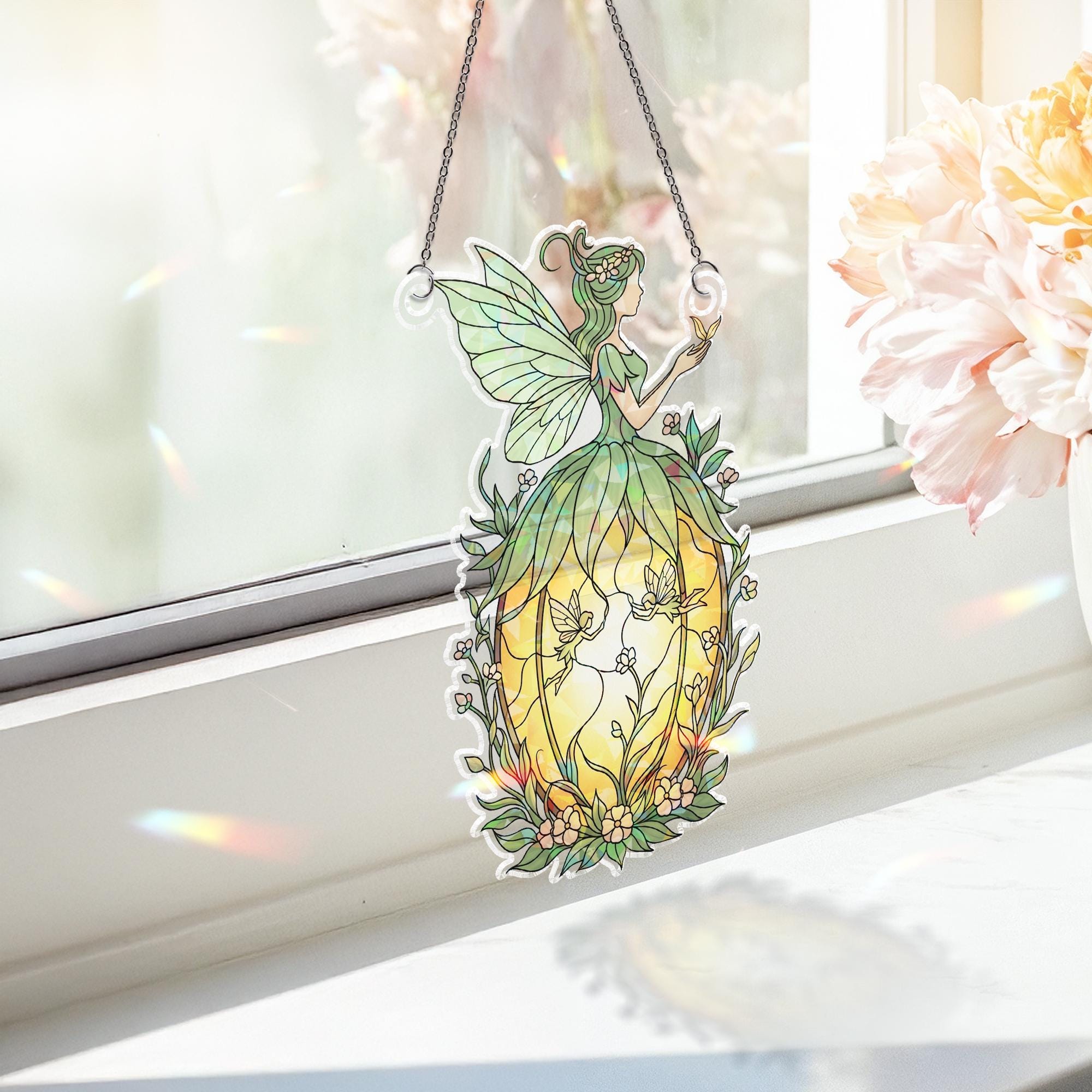 Holographic Fairy Pumpkin Window Hanging – Autumn Fairy on Pumpkin Sun Catcher, Halloween Prism Decor, Fall Fairy Suncatcher