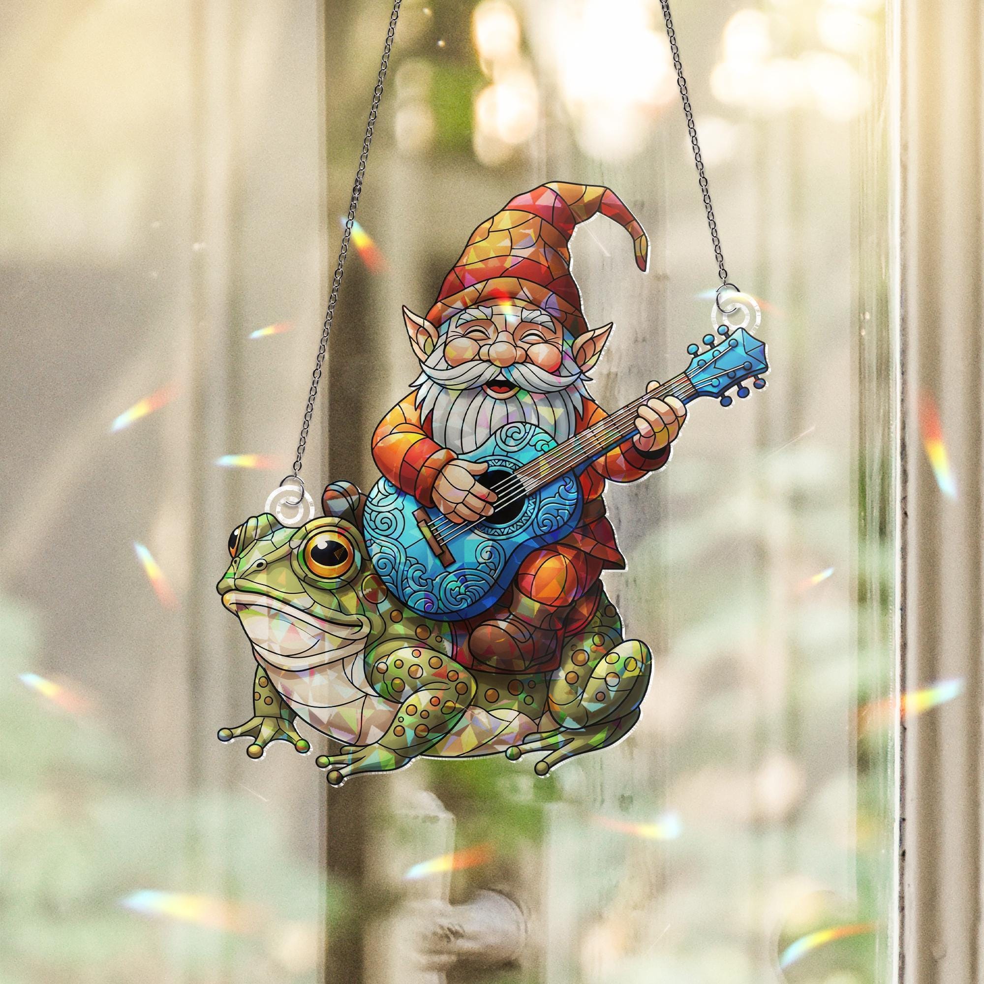 Holographic Gnome Riding Frog Window Hanging – Magical Prism Art, Gnome Guitar Outdoor Decor, Fantasy Frog Sun Catcher