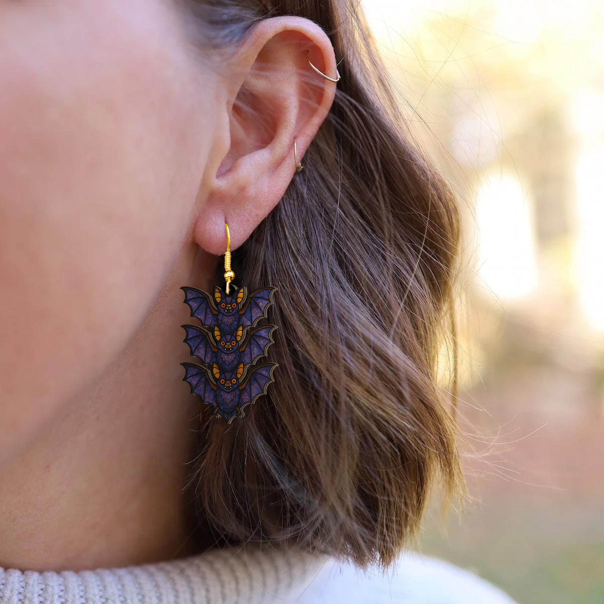 Triple Bat Halloween Earrings – Spooky Cute Dangle Earrings for Goth Style or Costume – Lightweight Statement Jewelry