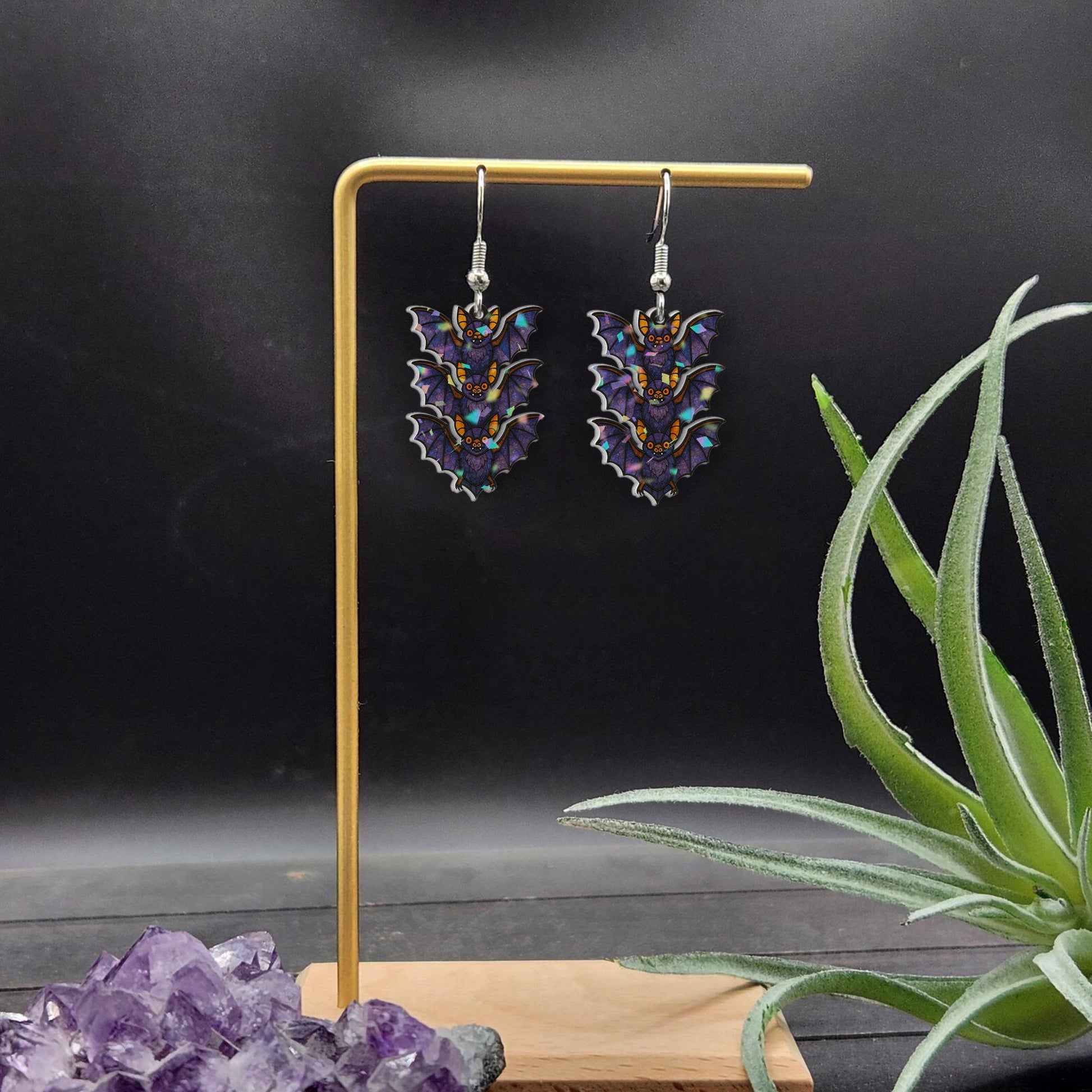 Triple Bat Halloween Earrings – Spooky Cute Dangle Earrings for Goth Style or Costume – Lightweight Statement Jewelry